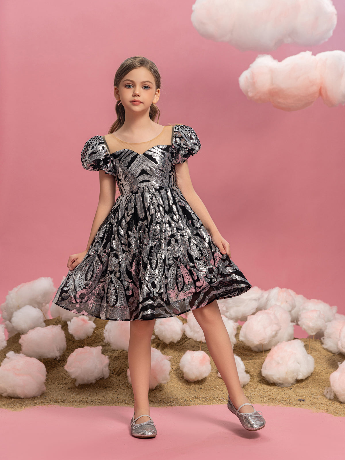 Tween Girls' Puff Sleeve Contrast Mesh Sequin Party Dress