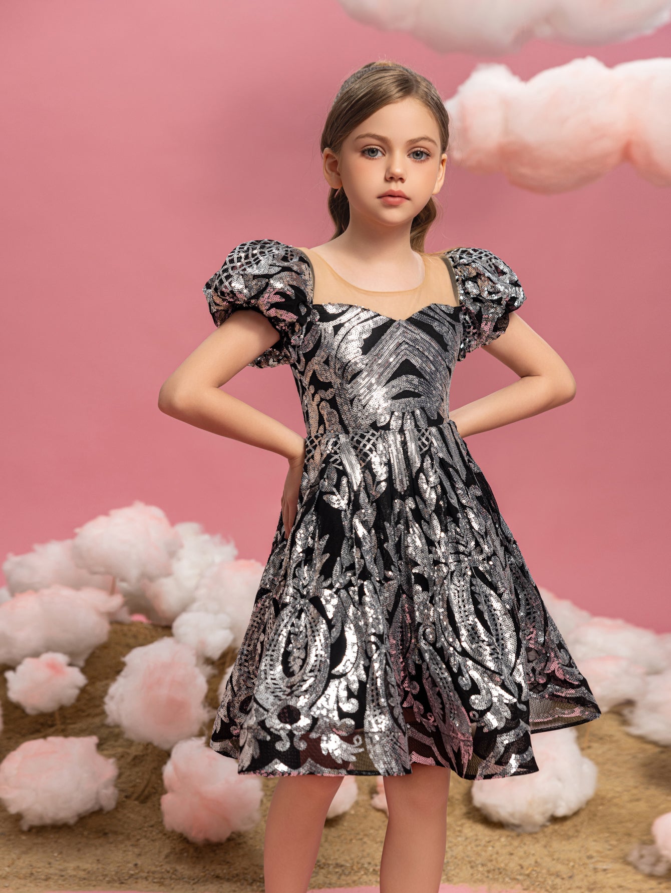 Tween Girls' Puff Sleeve Contrast Mesh Sequin Party Dress