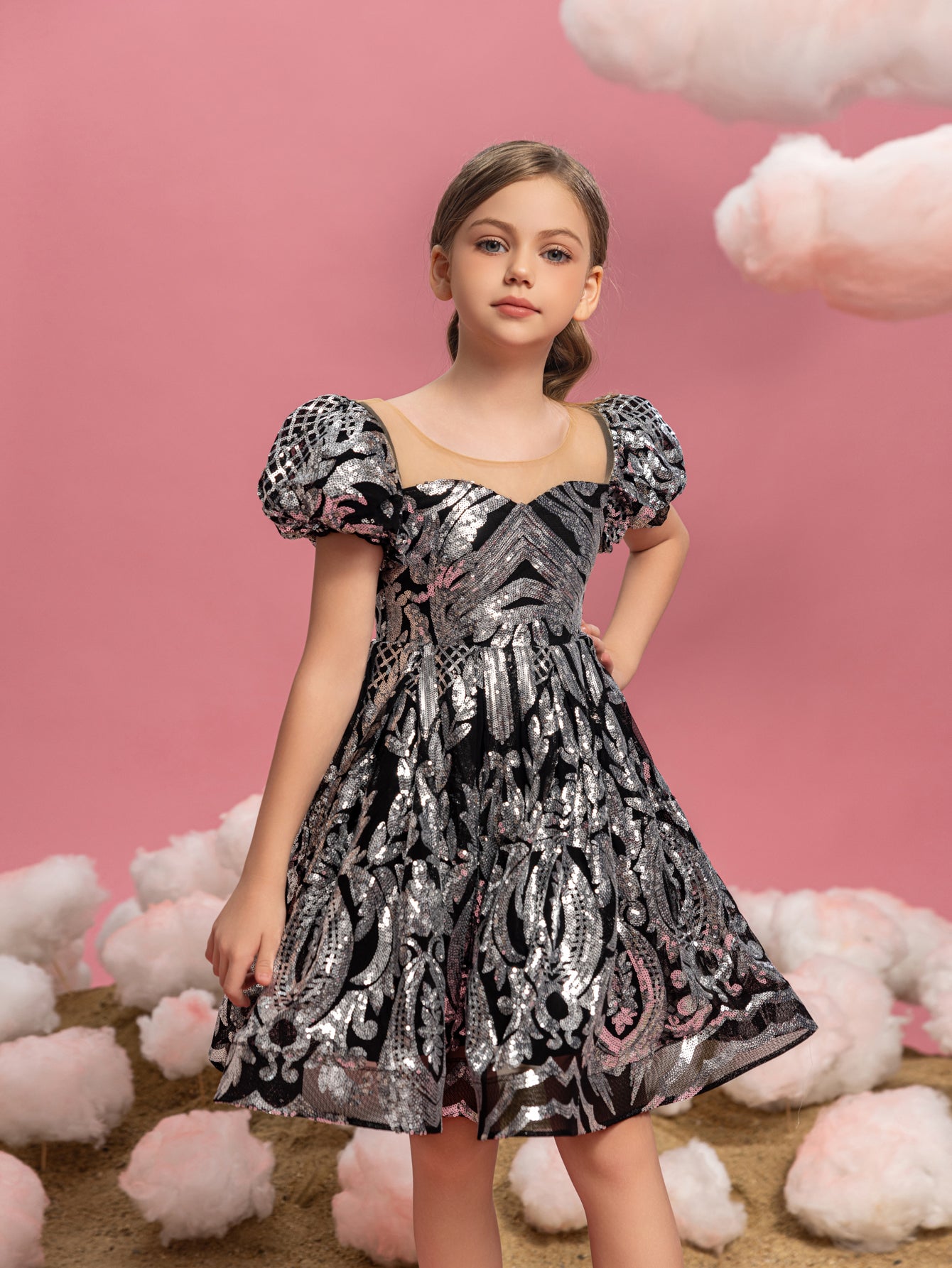 Tween Girls' Puff Sleeve Contrast Mesh Sequin Party Dress