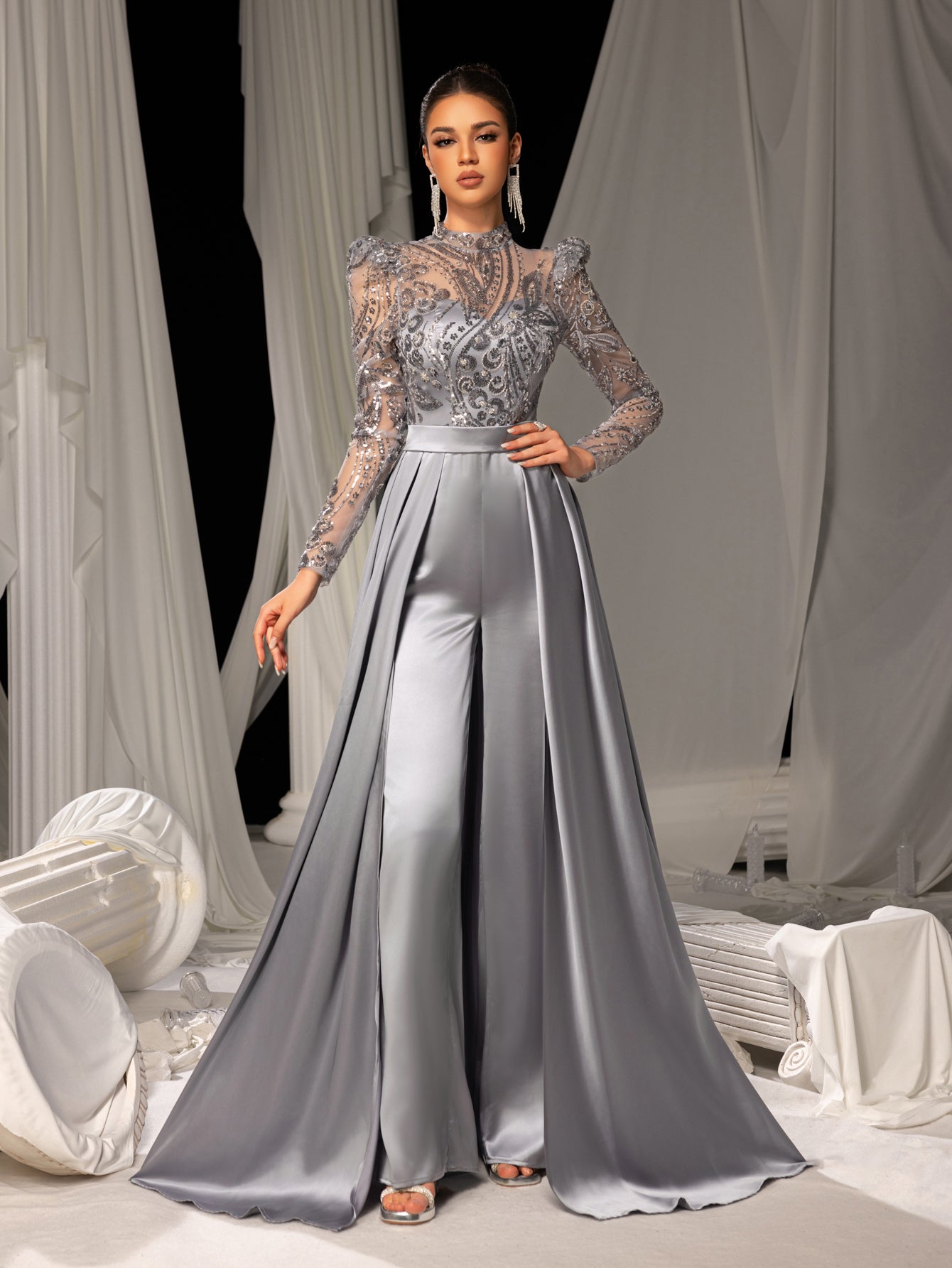 Luxe Sequin-Trimmed Jumpsuit with Satin Wide-Leg Pants for Luxury Wed – Elonnashop Luxe Sequin-Trimmed Jumpsuit with Satin Wide-Leg Pants for Luxury Wed – Elonnashop