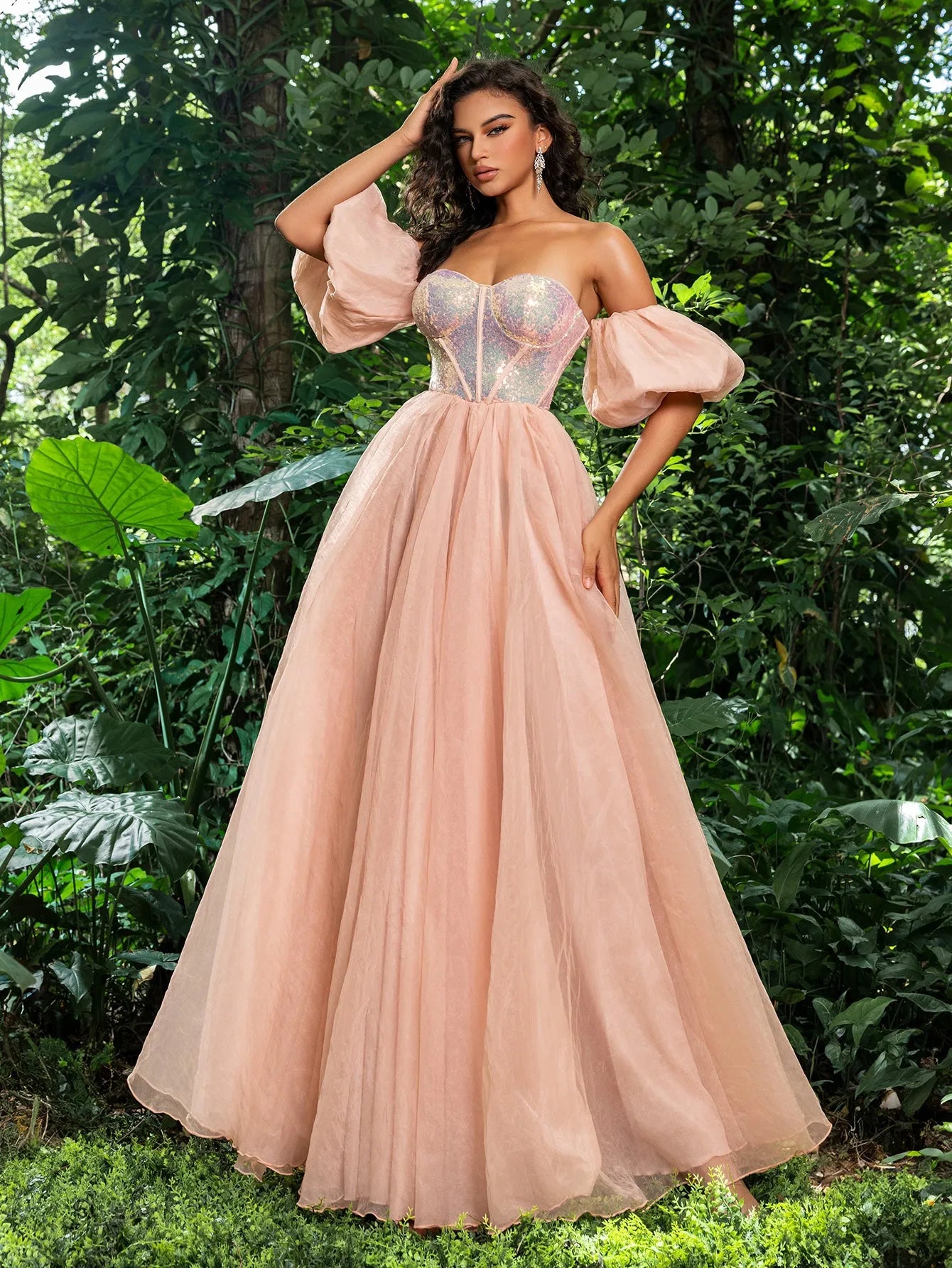 Gorgeous Off Shoulder Puff Sleeves Sequin Bodice Prom Dress