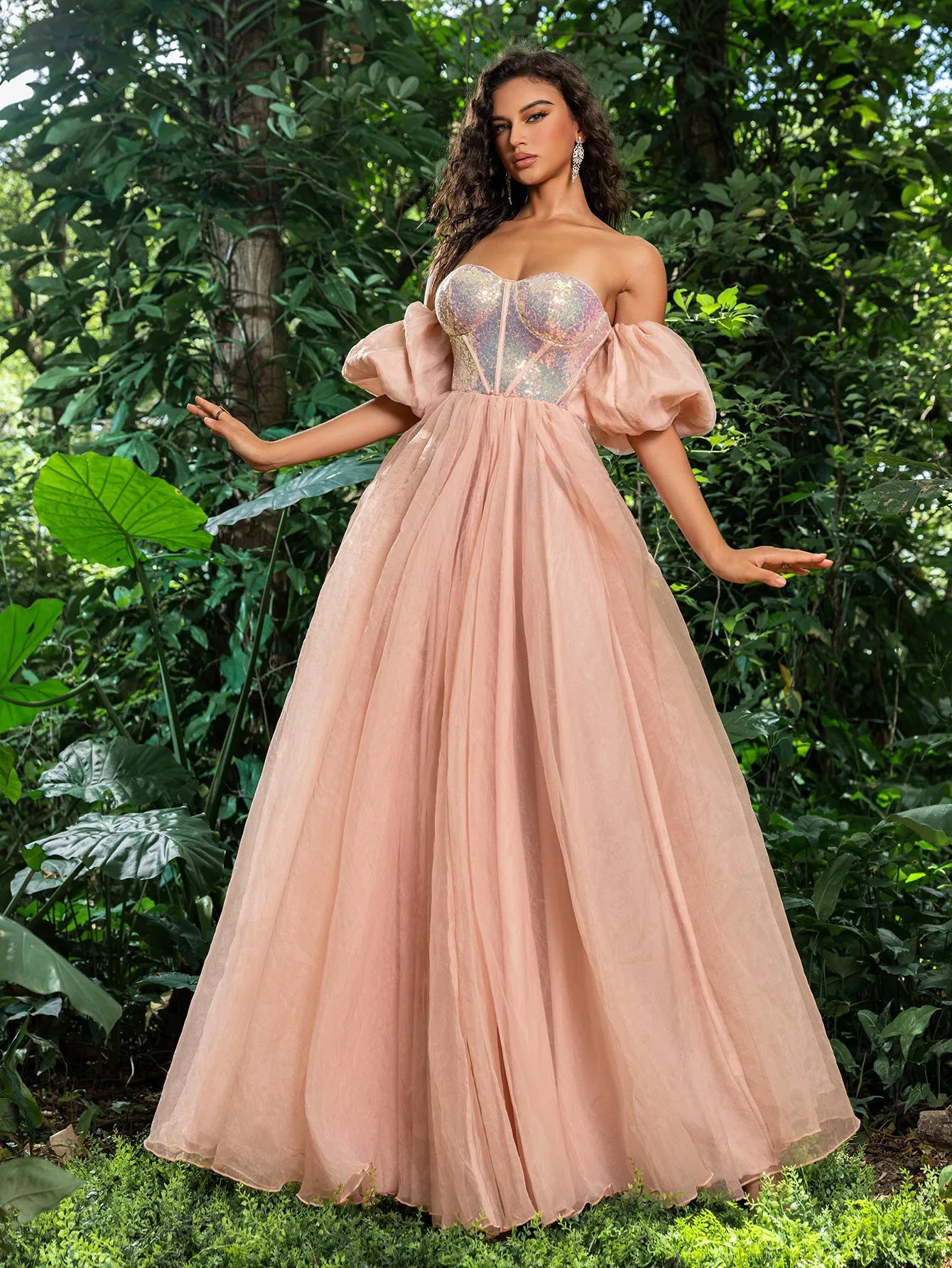 Gorgeous Off Shoulder Puff Sleeves Sequin Bodice Prom Dress