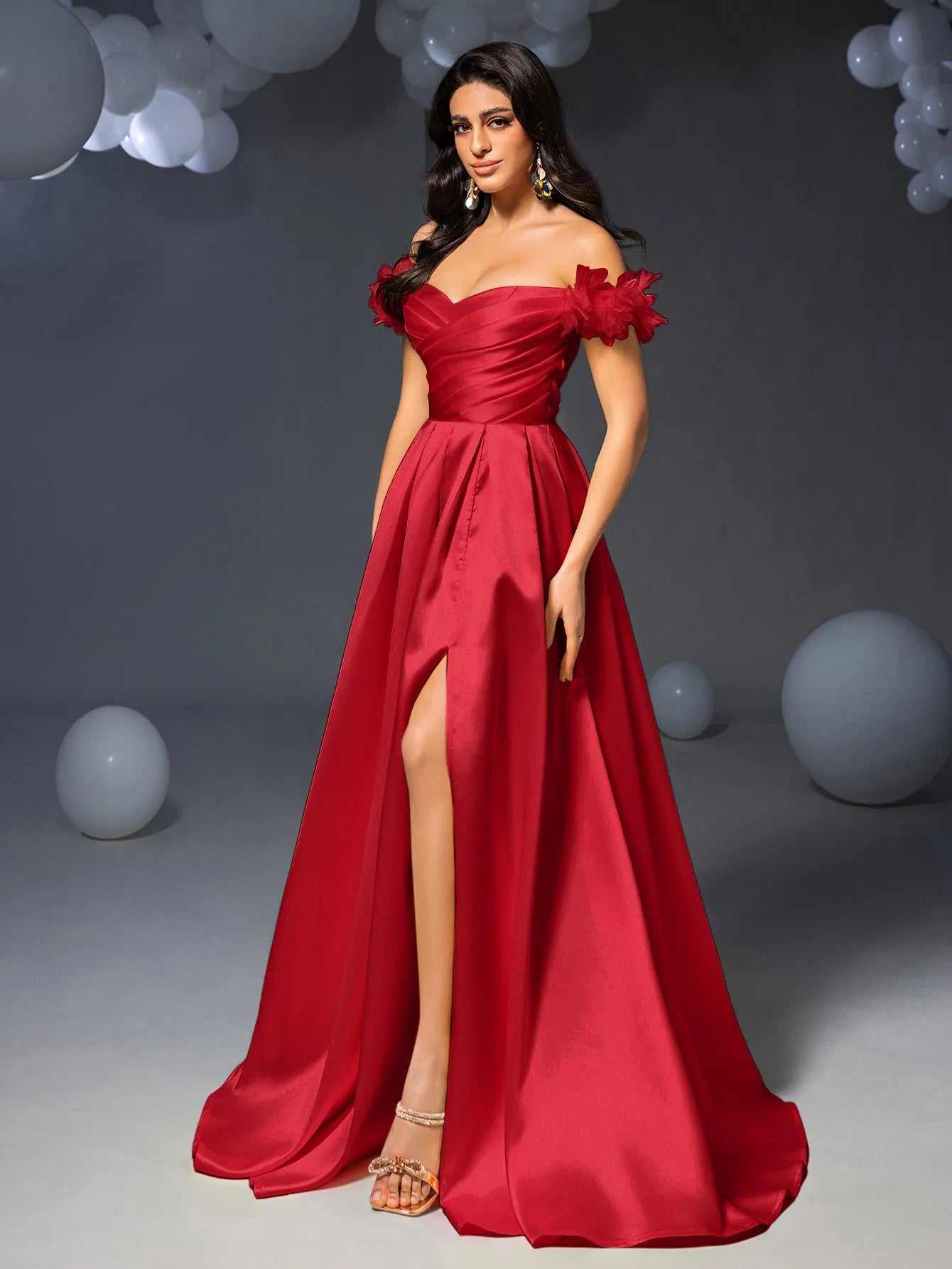 Elegant Off Shoulder Ruched Front Split Satin Prom Dress Royal Blue / L Elegant Off Shoulder Ruched Front Split Satin Prom Dress Royal Blue / L