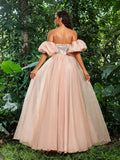 Gorgeous Off Shoulder Puff Sleeves Sequin Bodice Prom Dress