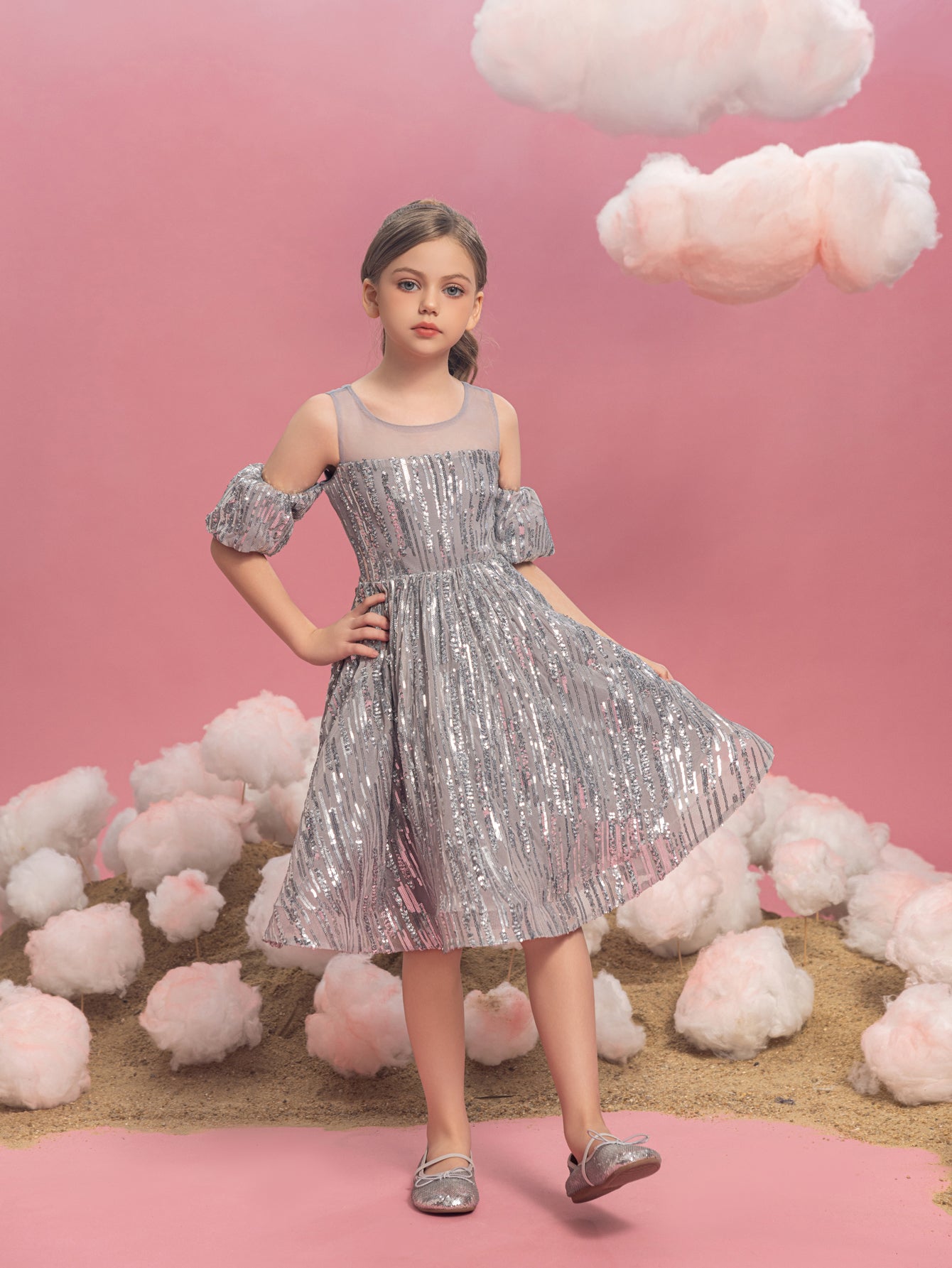 Tween Girls' Puff Sleeves Contrast Mesh Sequin Party Dress