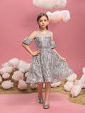 Tween Girls' Puff Sleeves Contrast Mesh Sequin Party Dress