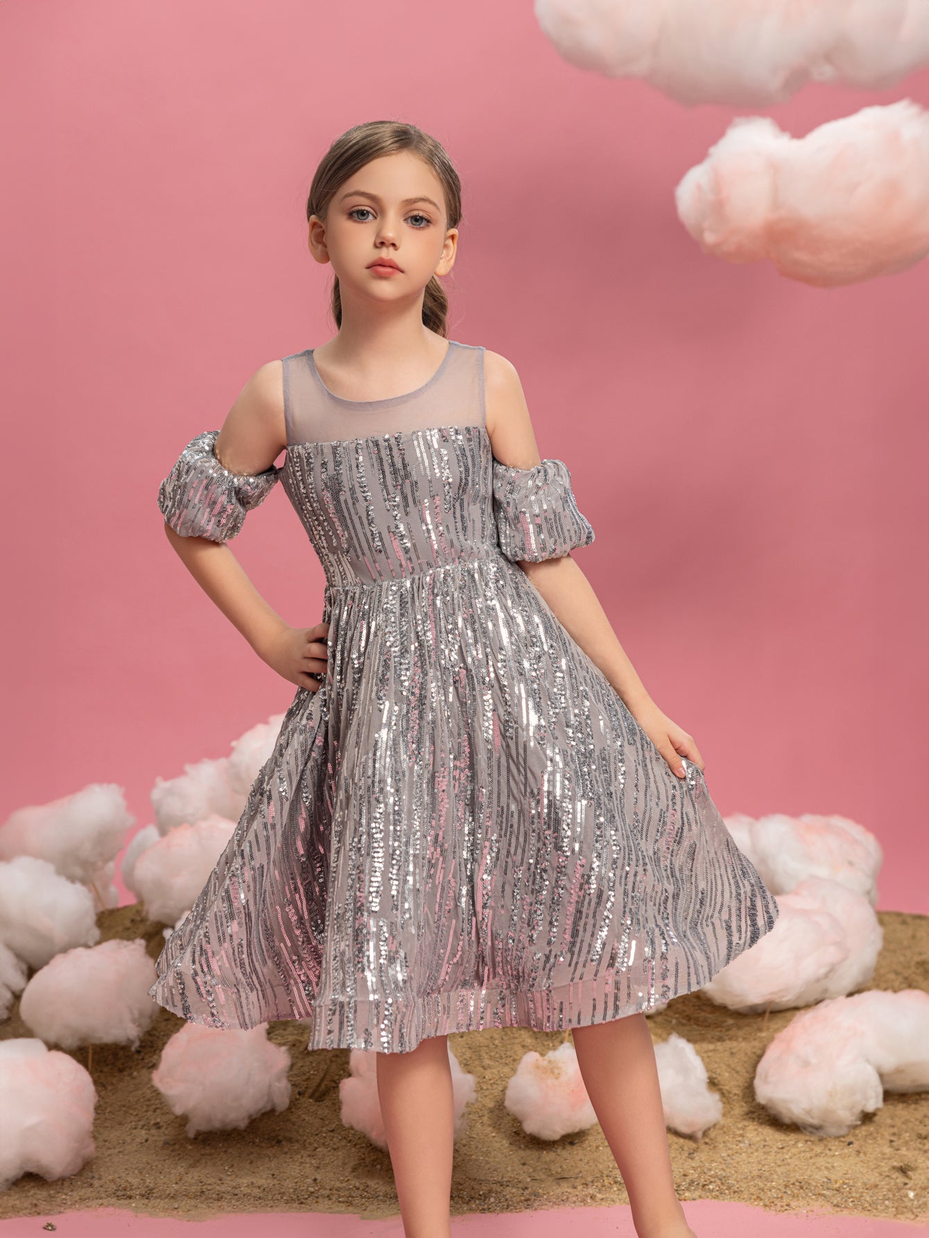 Tween Girls' Puff Sleeves Contrast Mesh Sequin Party Dress