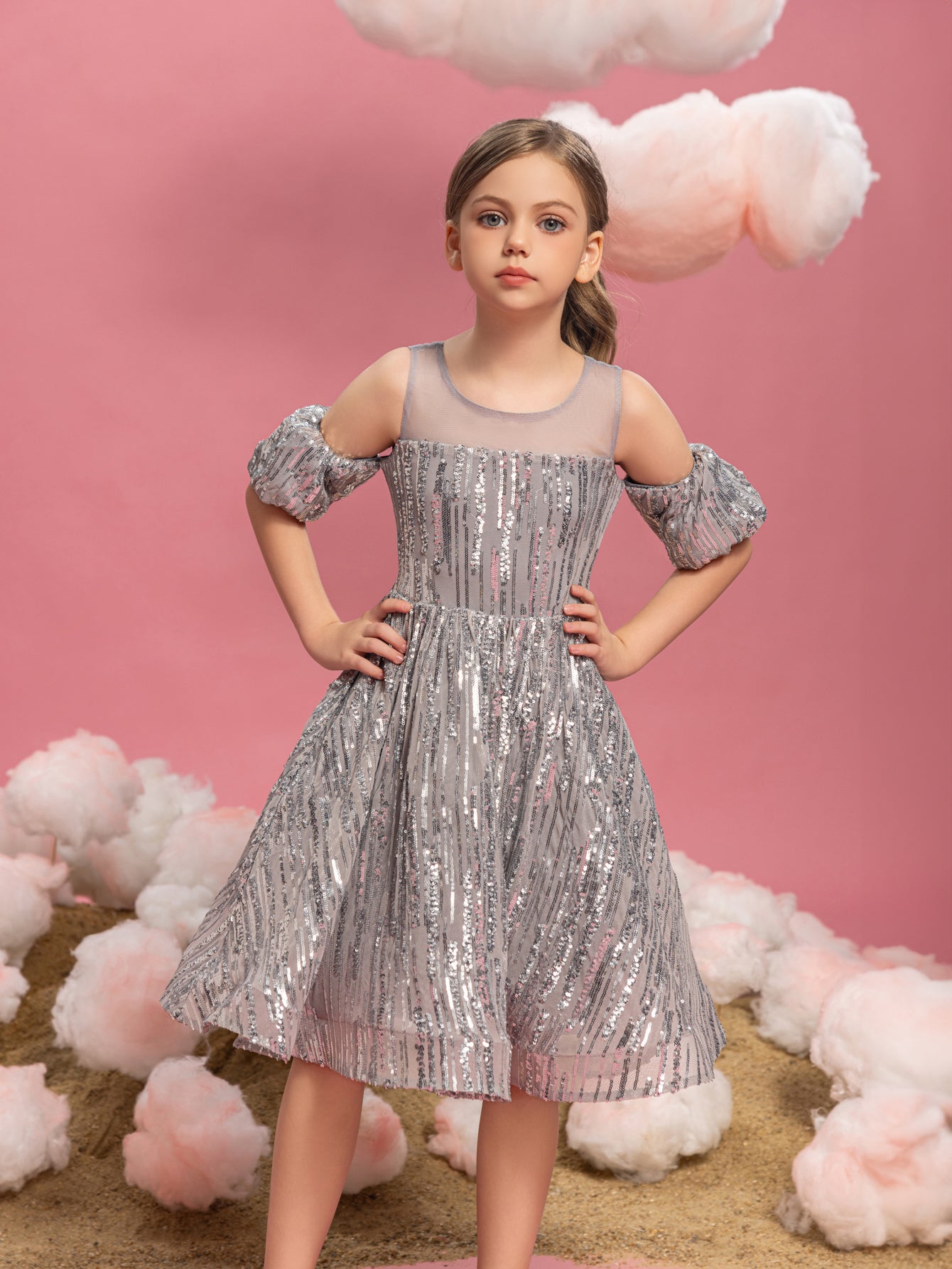 Tween Girls' Puff Sleeves Contrast Mesh Sequin Party Dress