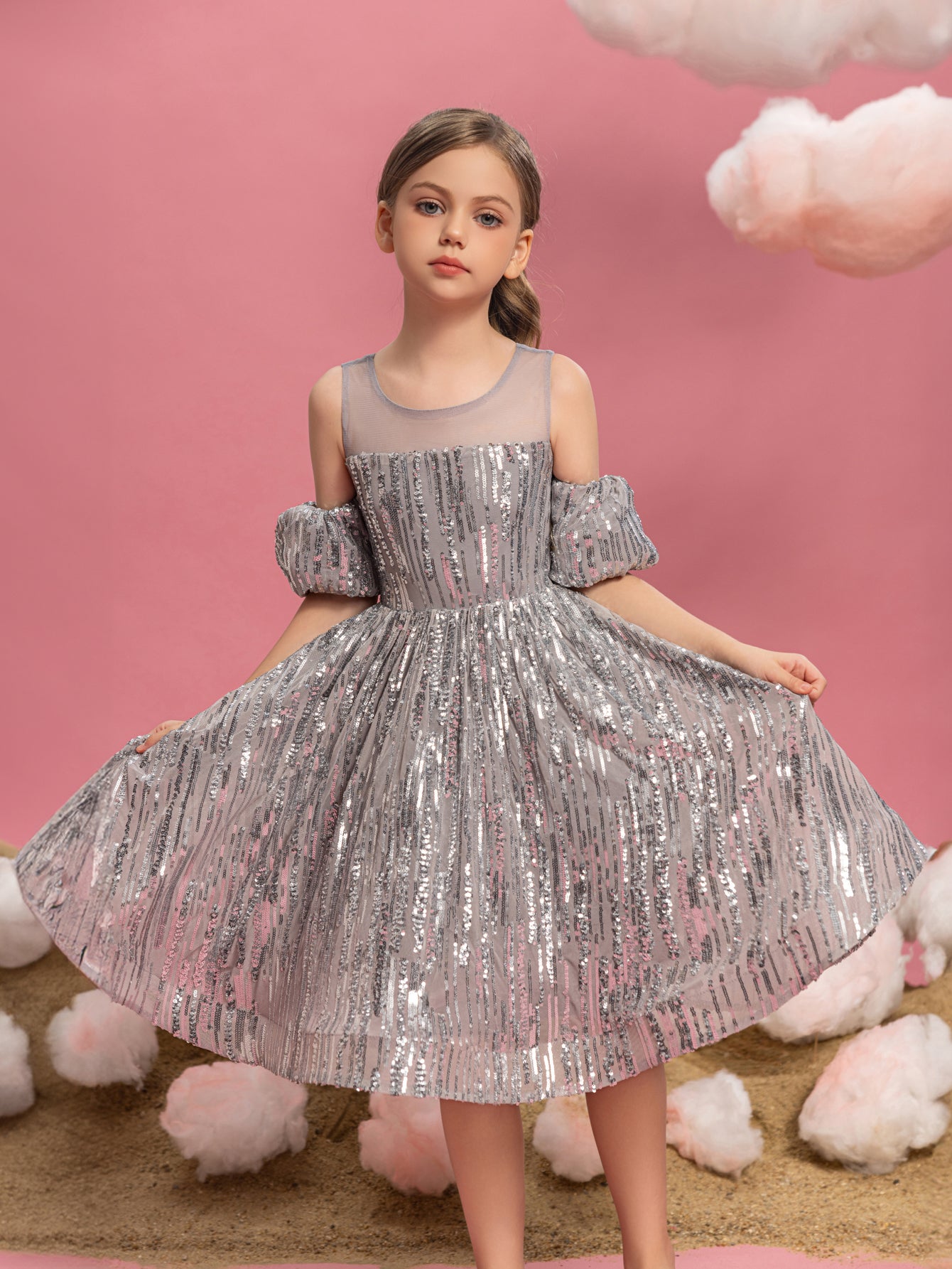 Tween Girls' Puff Sleeves Contrast Mesh Sequin Party Dress