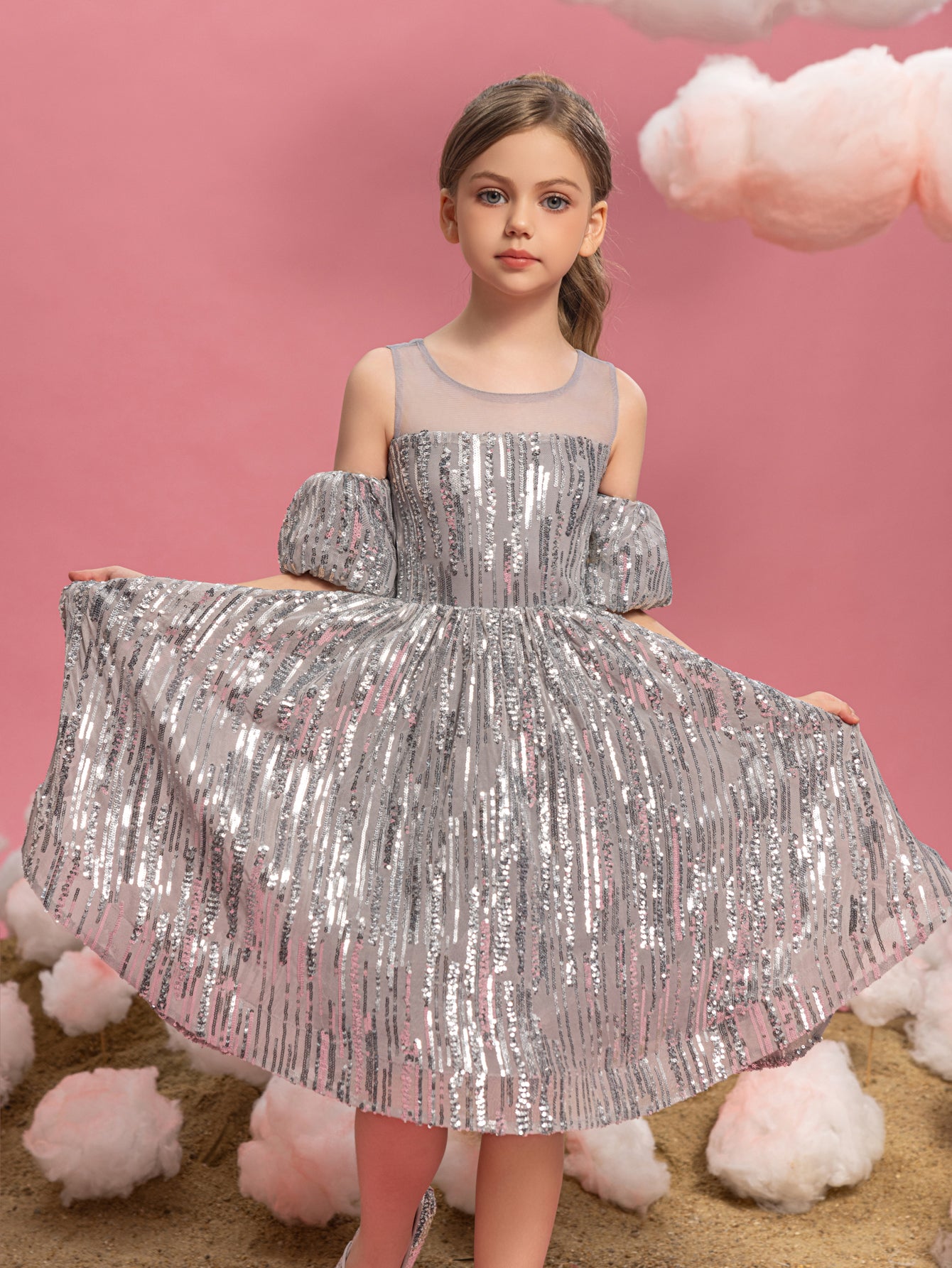 Tween Girls' Puff Sleeves Contrast Mesh Sequin Party Dress