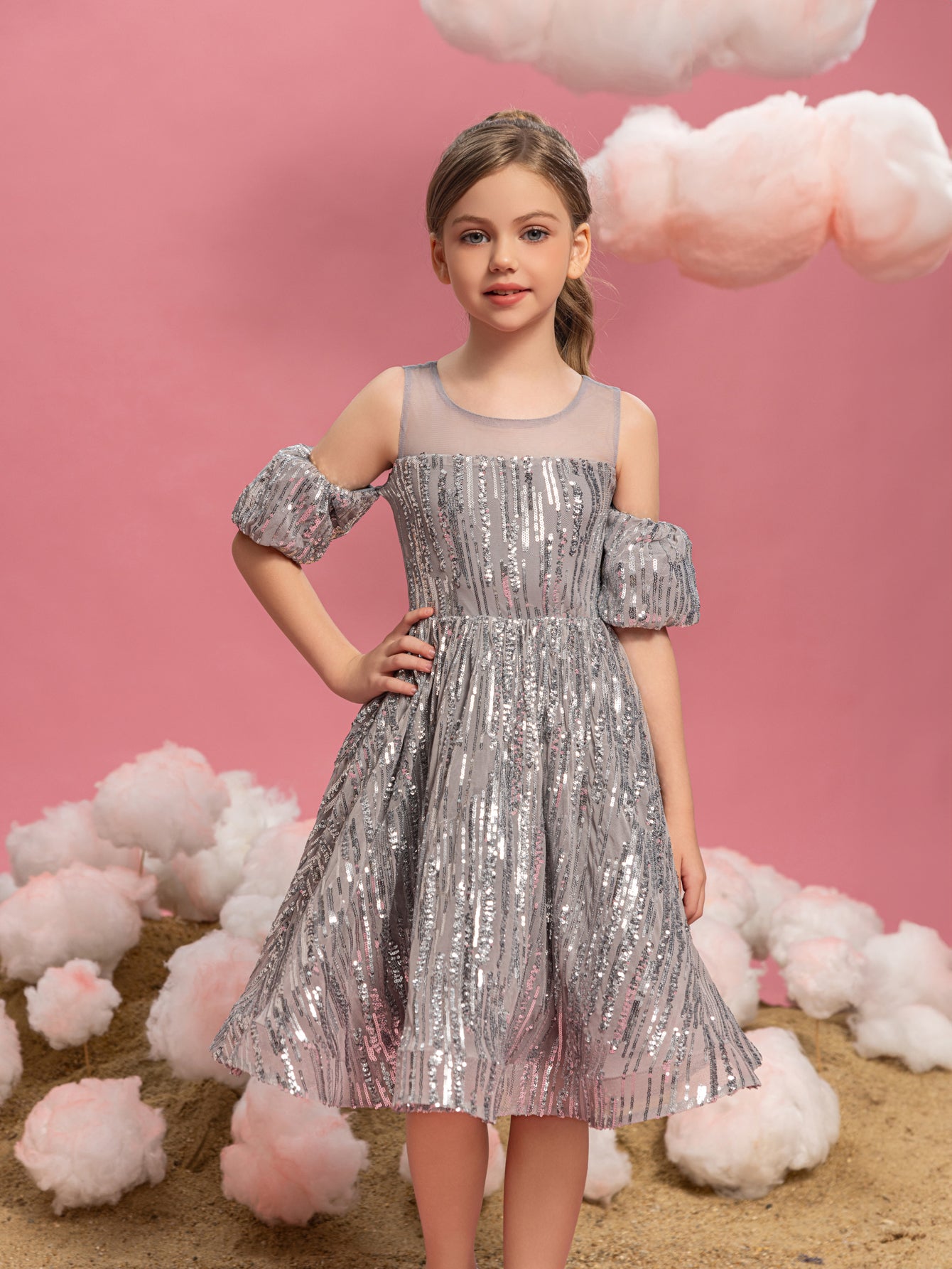 Tween Girls' Puff Sleeves Contrast Mesh Sequin Party Dress