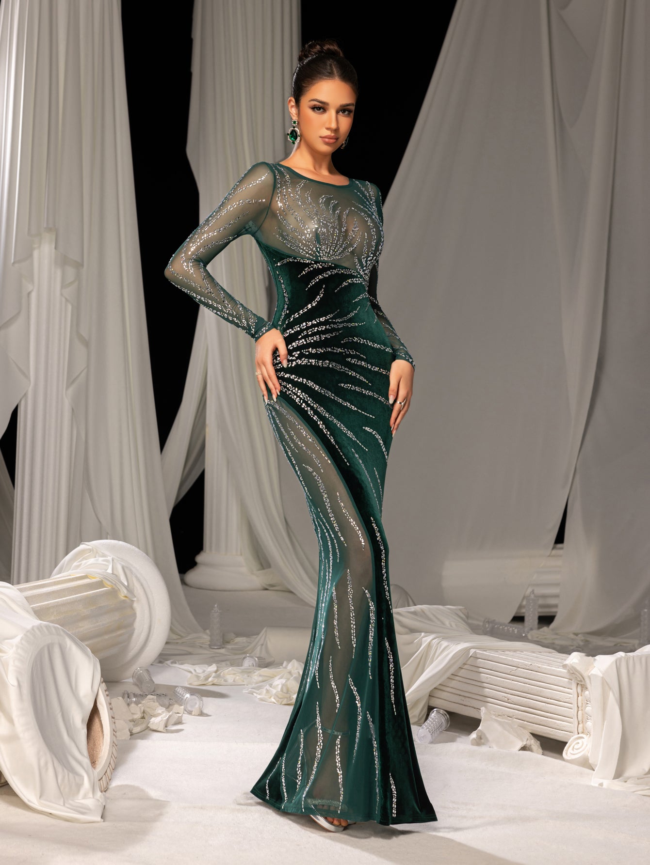 Gorgous Rhinestone Embellished Sheer Sleeves Mermaid Hem Velvet Evening Dress