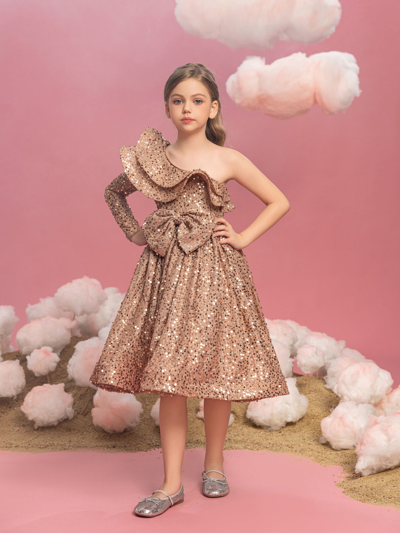 Tween Girls' One Shoulder Layered Ruffle Trim Sequin Party Dress