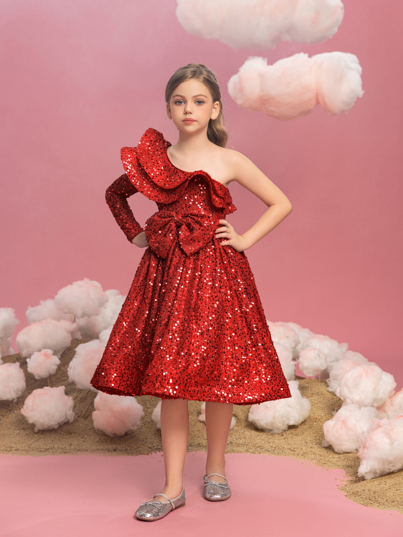 Tween Girls' One Shoulder Layered Ruffle Trim Sequin Party Dress