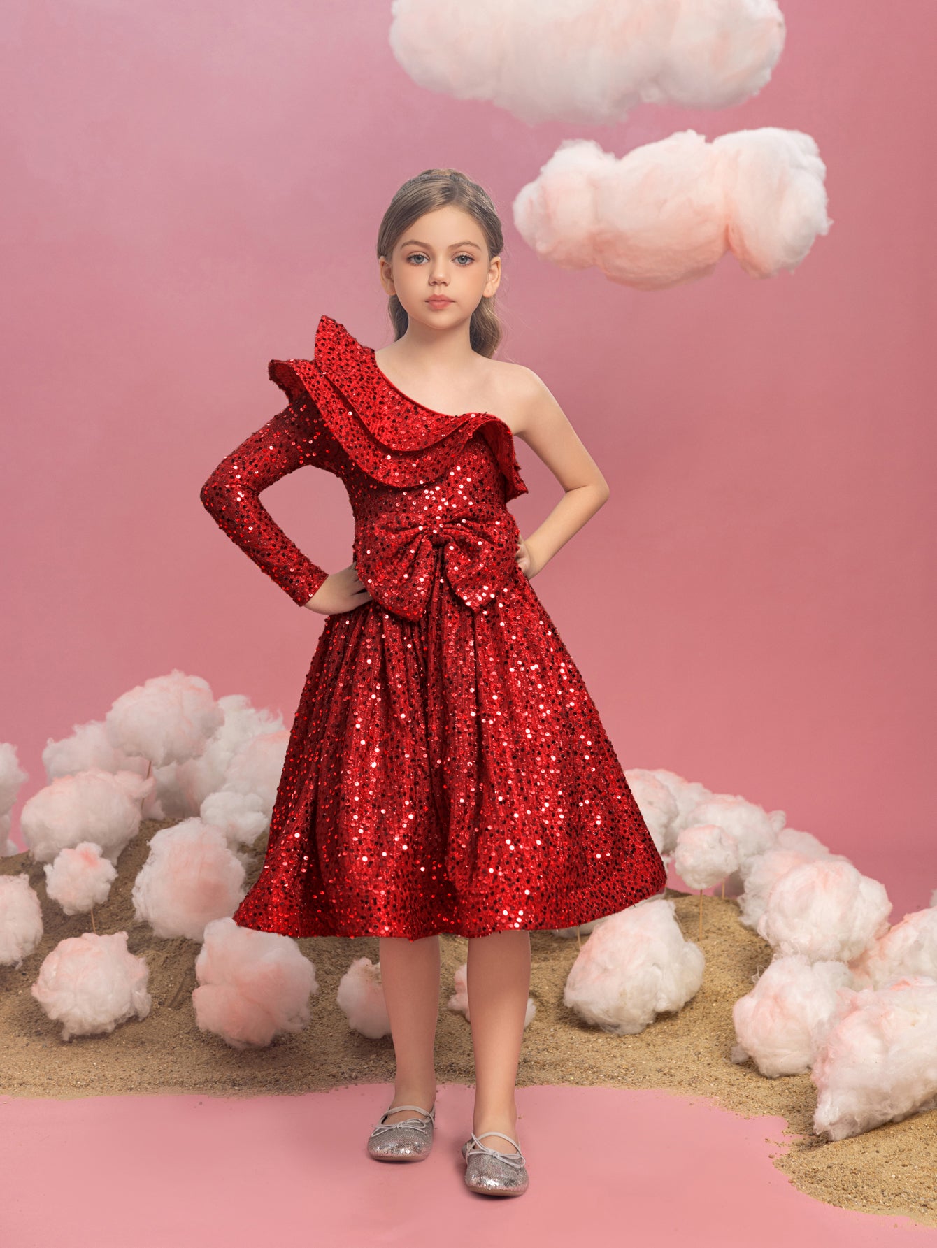 Tween Girls' One Shoulder Layered Ruffle Trim Sequin Party Dress