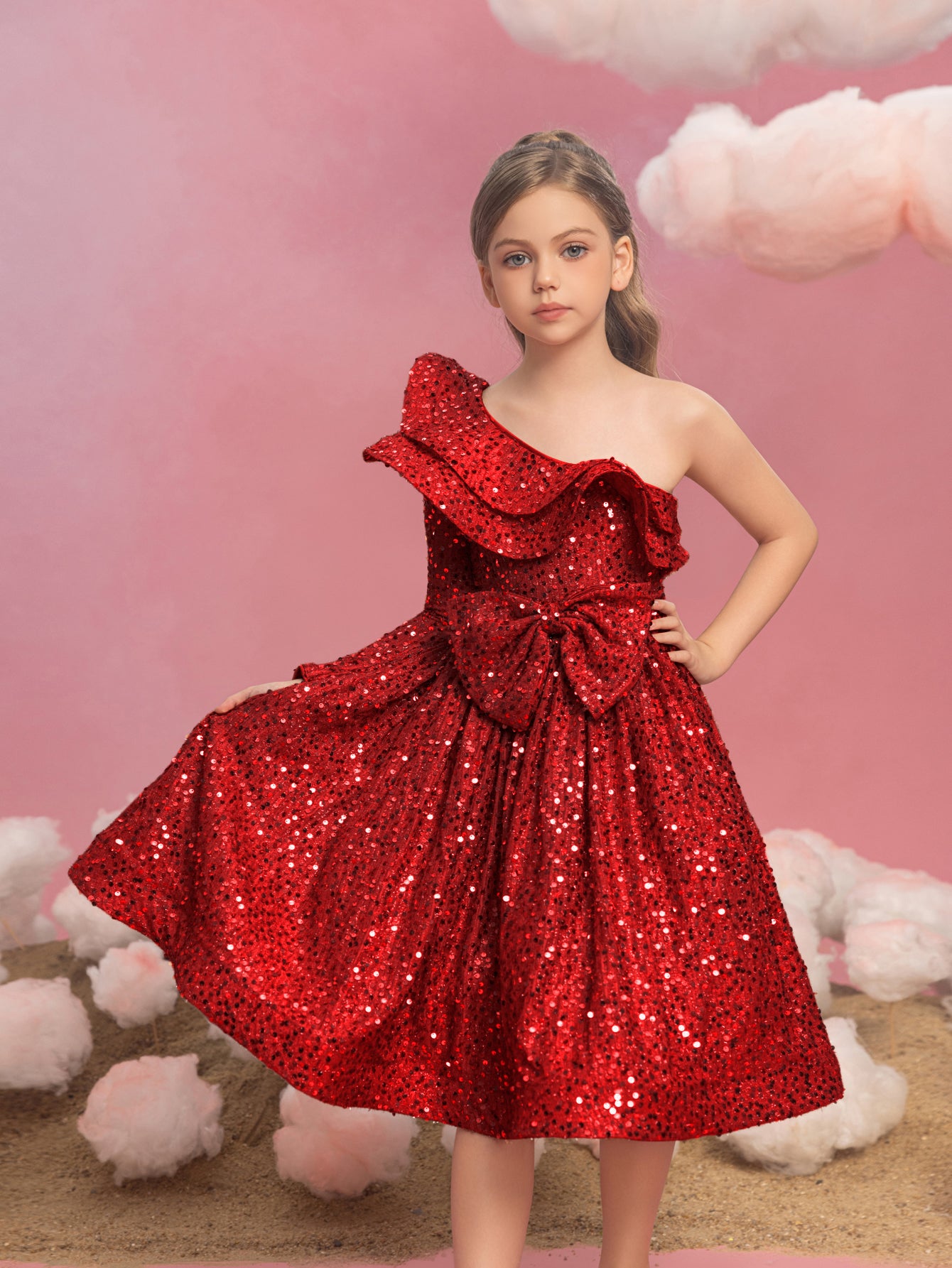 Tween Girls' One Shoulder Layered Ruffle Trim Sequin Party Dress