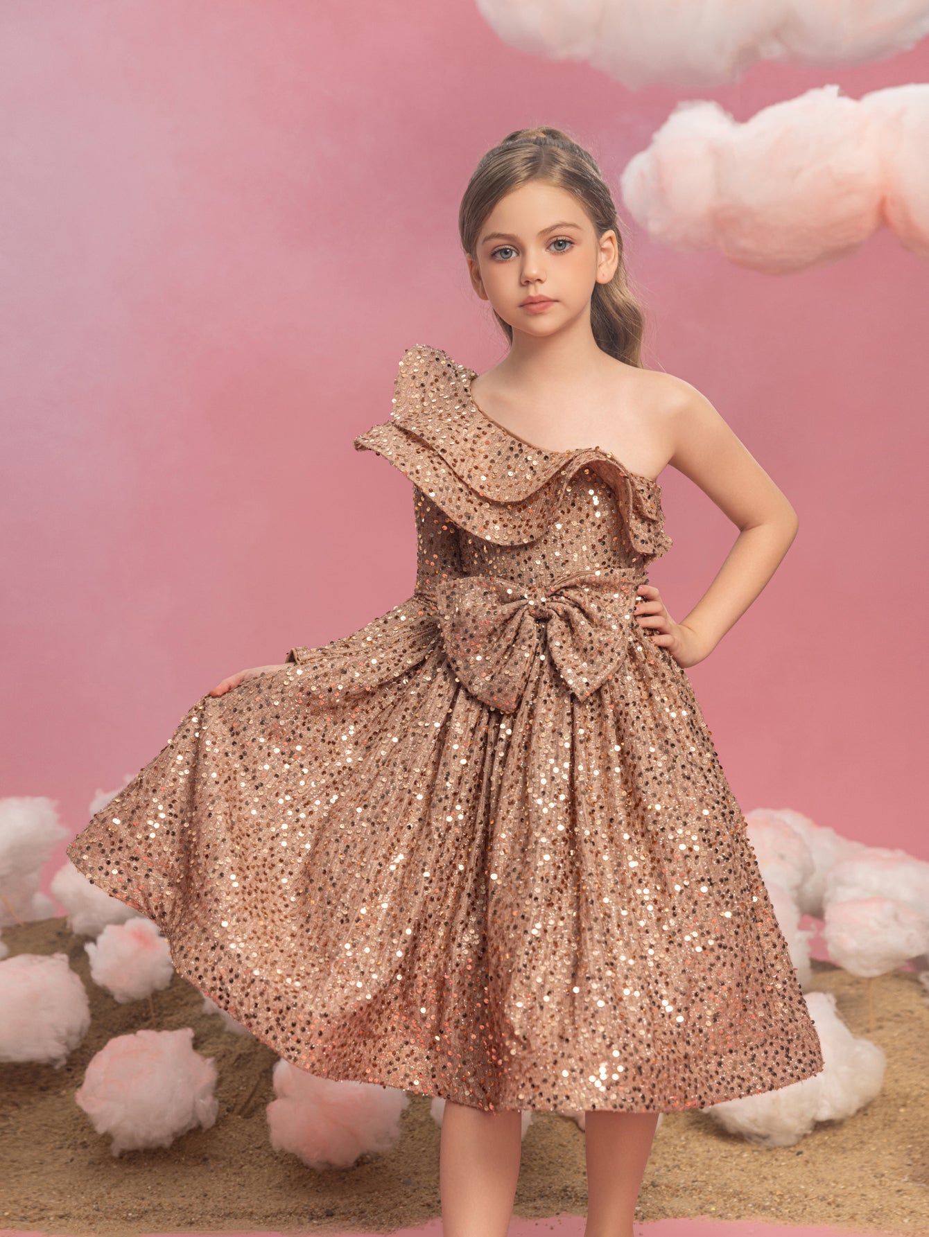 Tween Girls' One Shoulder Layered Ruffle Trim Sequin Party Dress