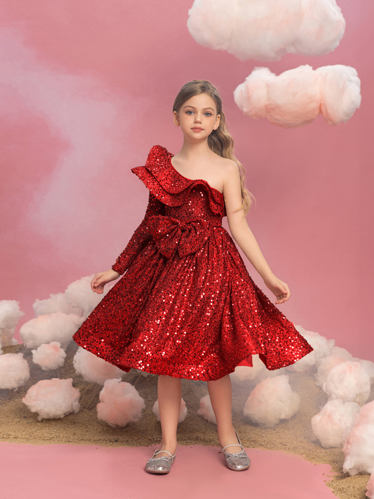 Tween Girls' One Shoulder Layered Ruffle Trim Sequin Party Dress