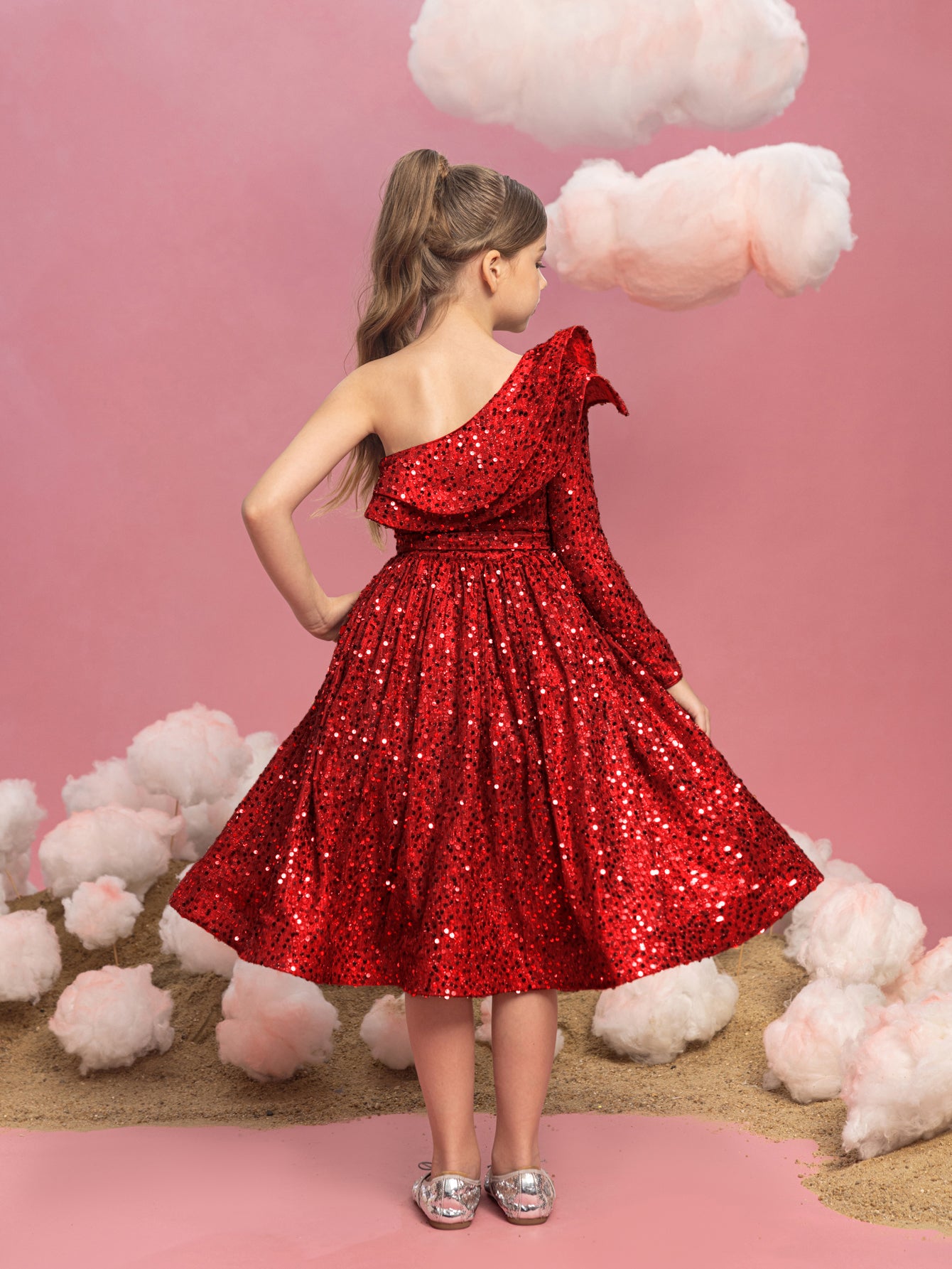 Tween Girls' One Shoulder Layered Ruffle Trim Sequin Party Dress