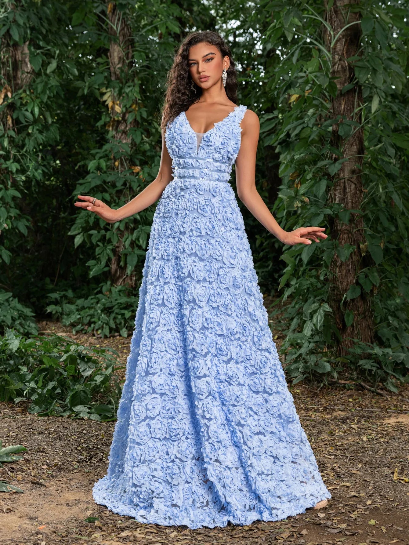 Elegant Plunging Neck Sleeveless 3D Flower A-Line Dresses