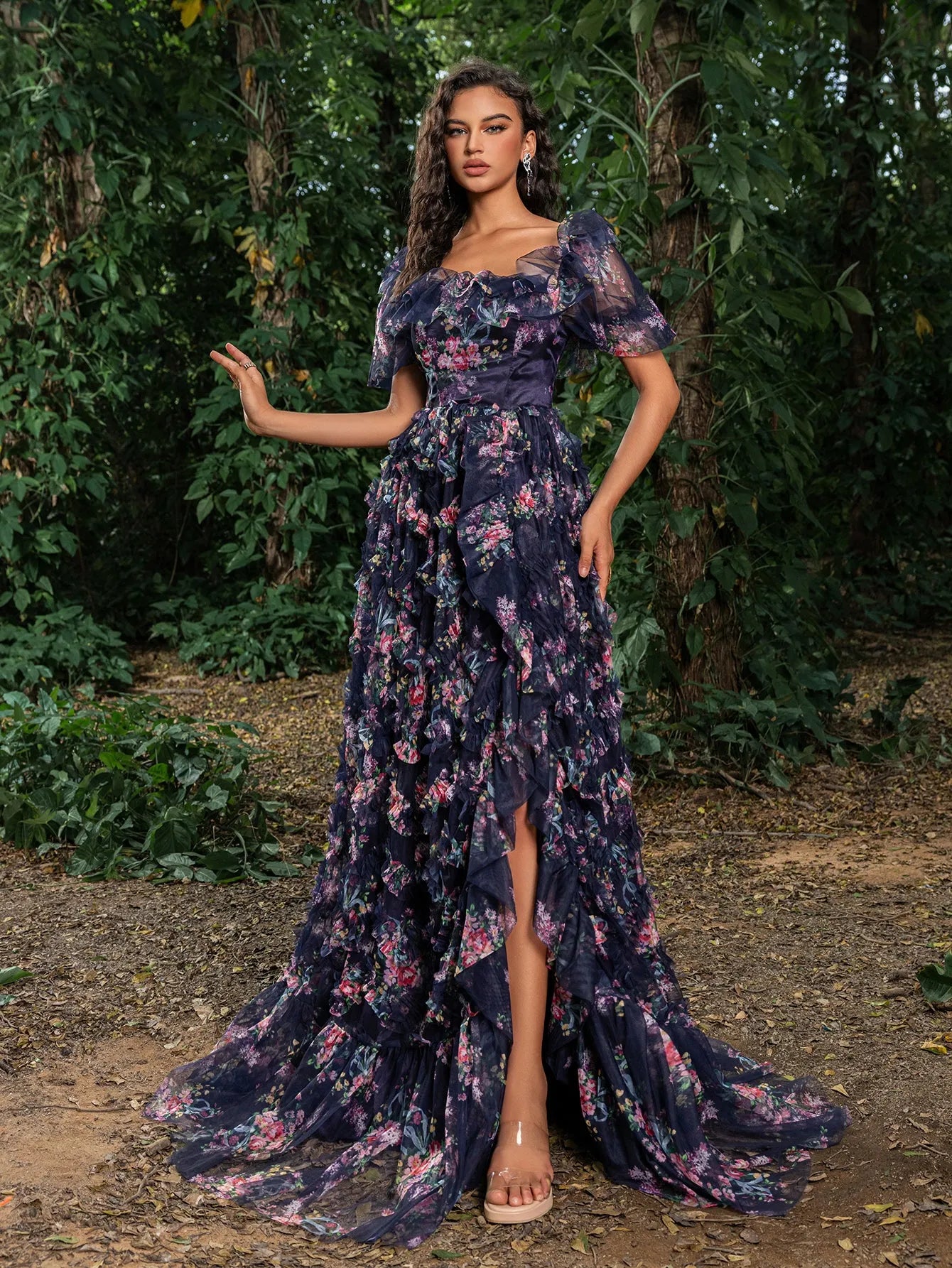 Elegant Ruffle Trim Puff Sleeves Floral Organza Prom Dress Elonnashop Elegant Ruffle Trim Puff Sleeves Floral Organza Prom Dress Elonnashop