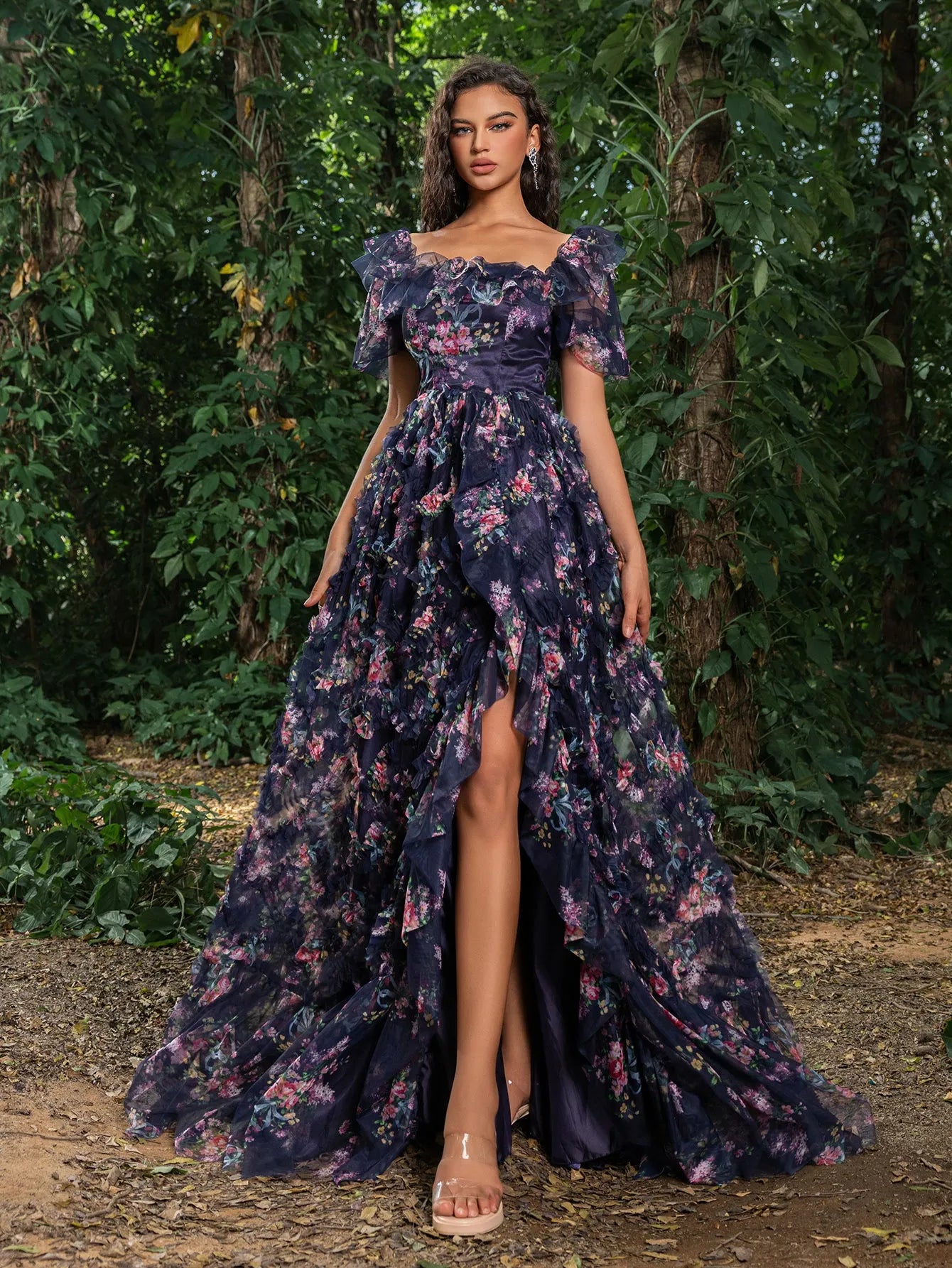 organza floral prom dress Pink Prom Dress 2026 Long Floral Print Organza Pageant Dress Backless Chapel Train Party Dress Free Customization