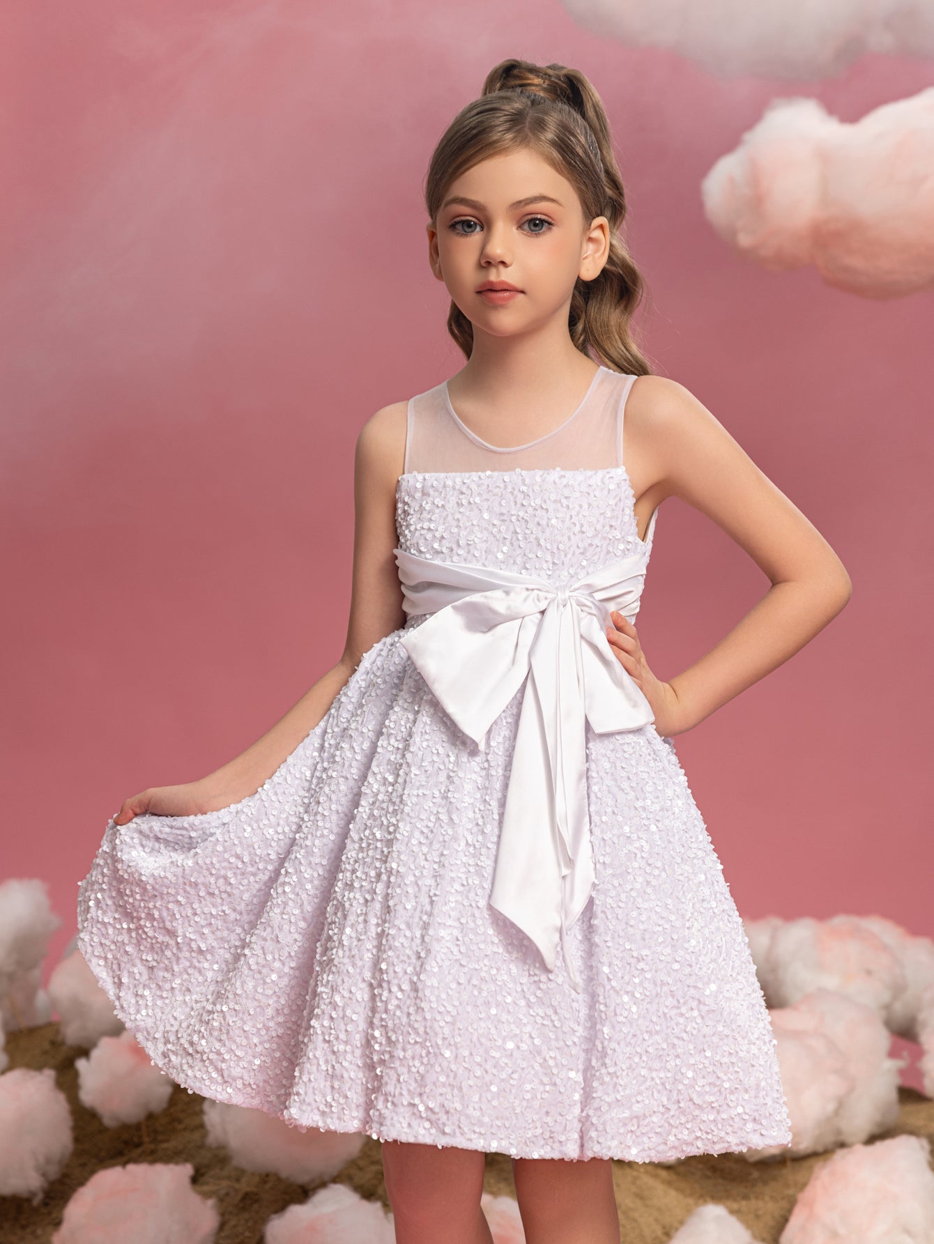 Tween Girls' Cute Sleeveless Knot Side Sequin A Line Dress