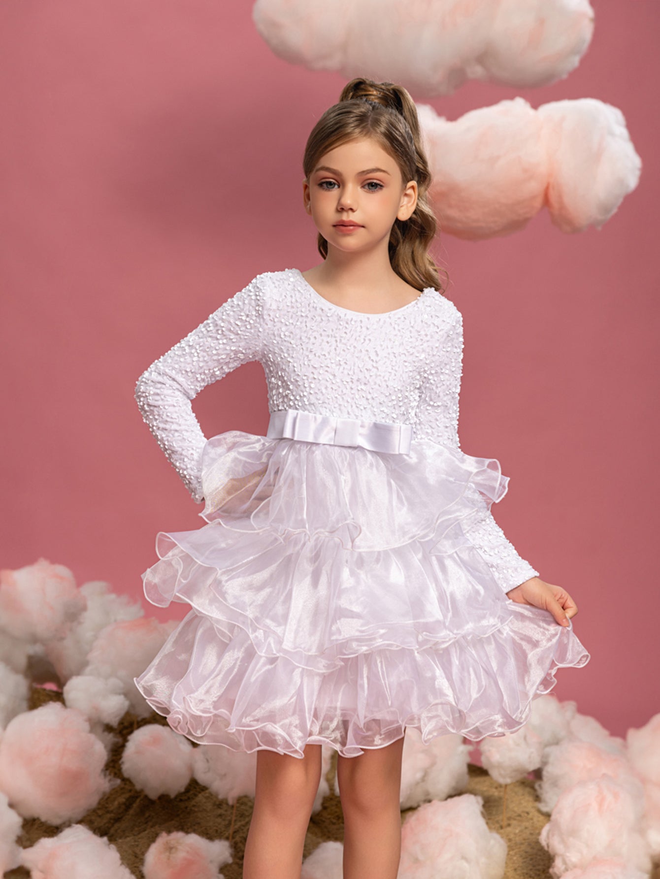 Tween Girls' Sequin Contrast Layered Organza Hem Dress