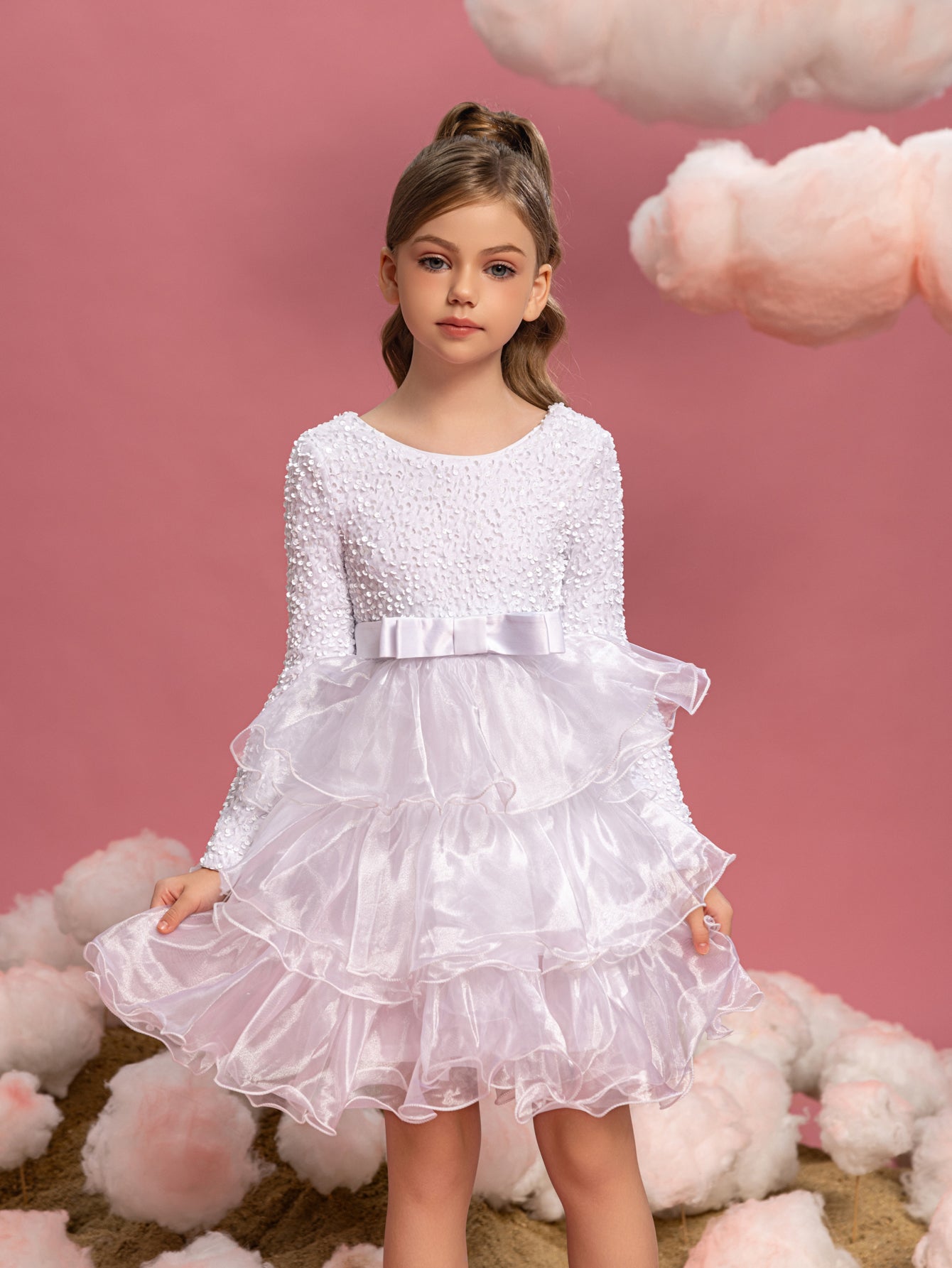 Tween Girls' Sequin Contrast Layered Organza Hem Dress