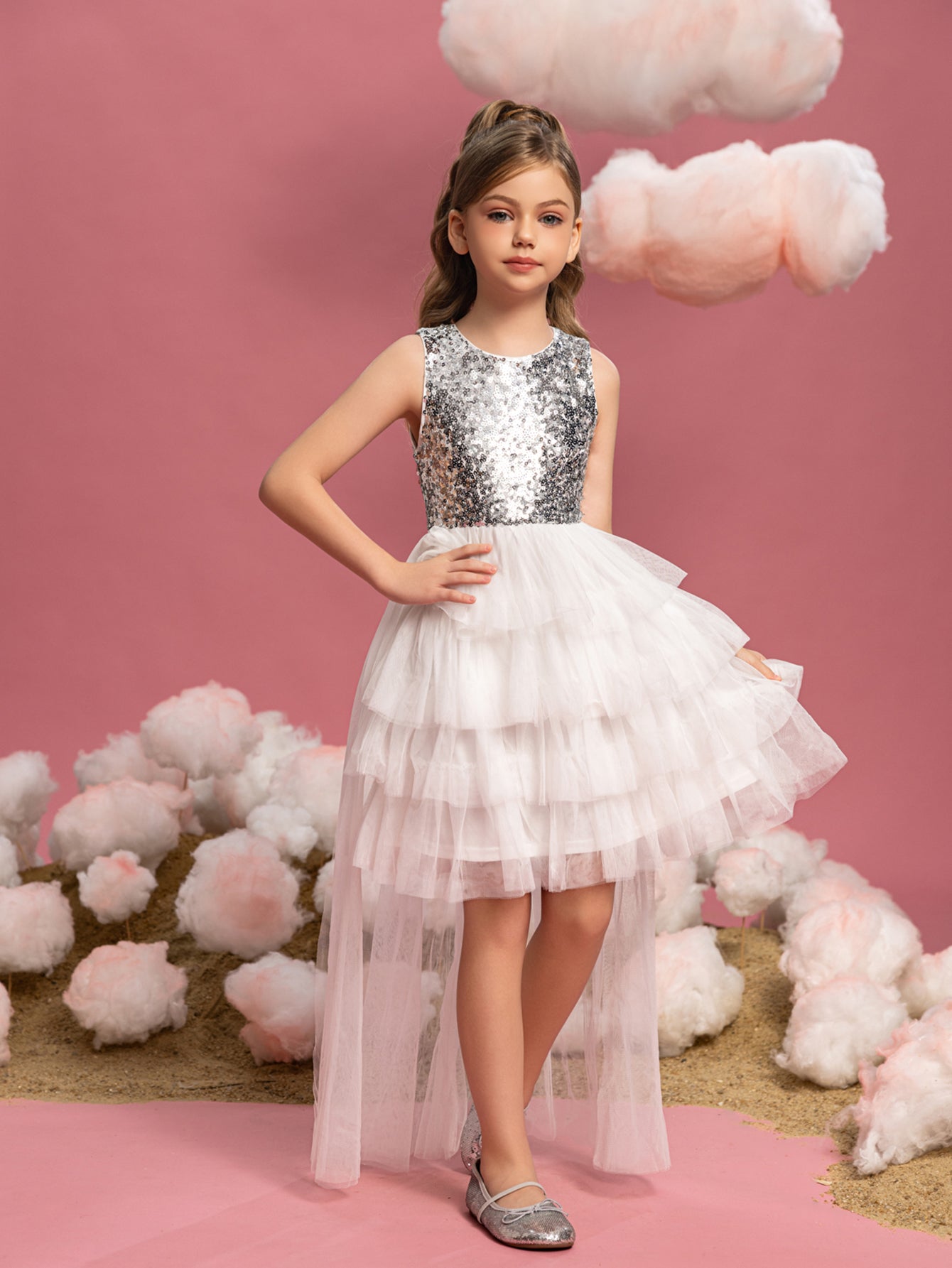 Tween Girls' Mesh Layered Hem Sequin Party Dress