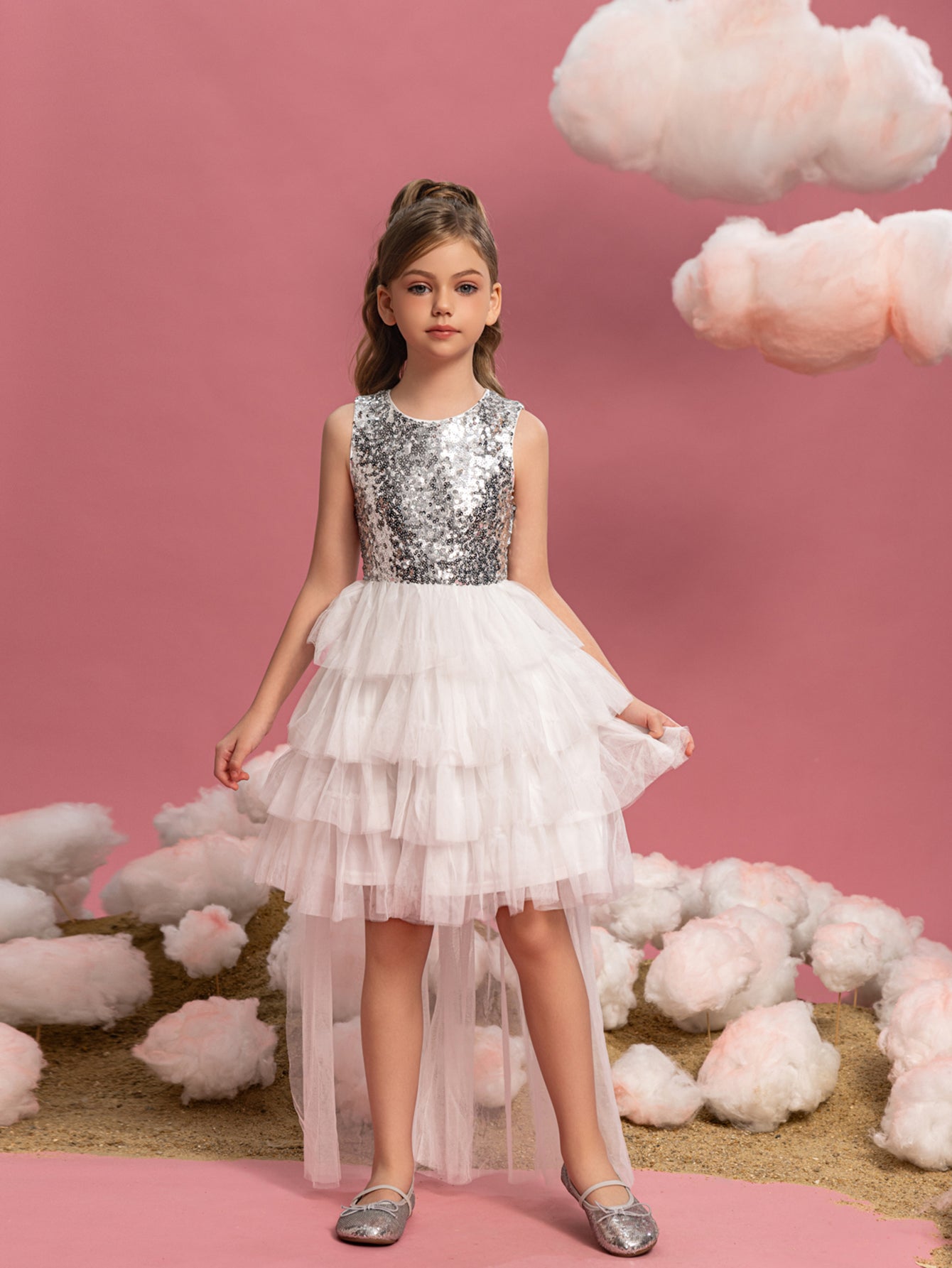 Tween Girls' Mesh Layered Hem Sequin Party Dress