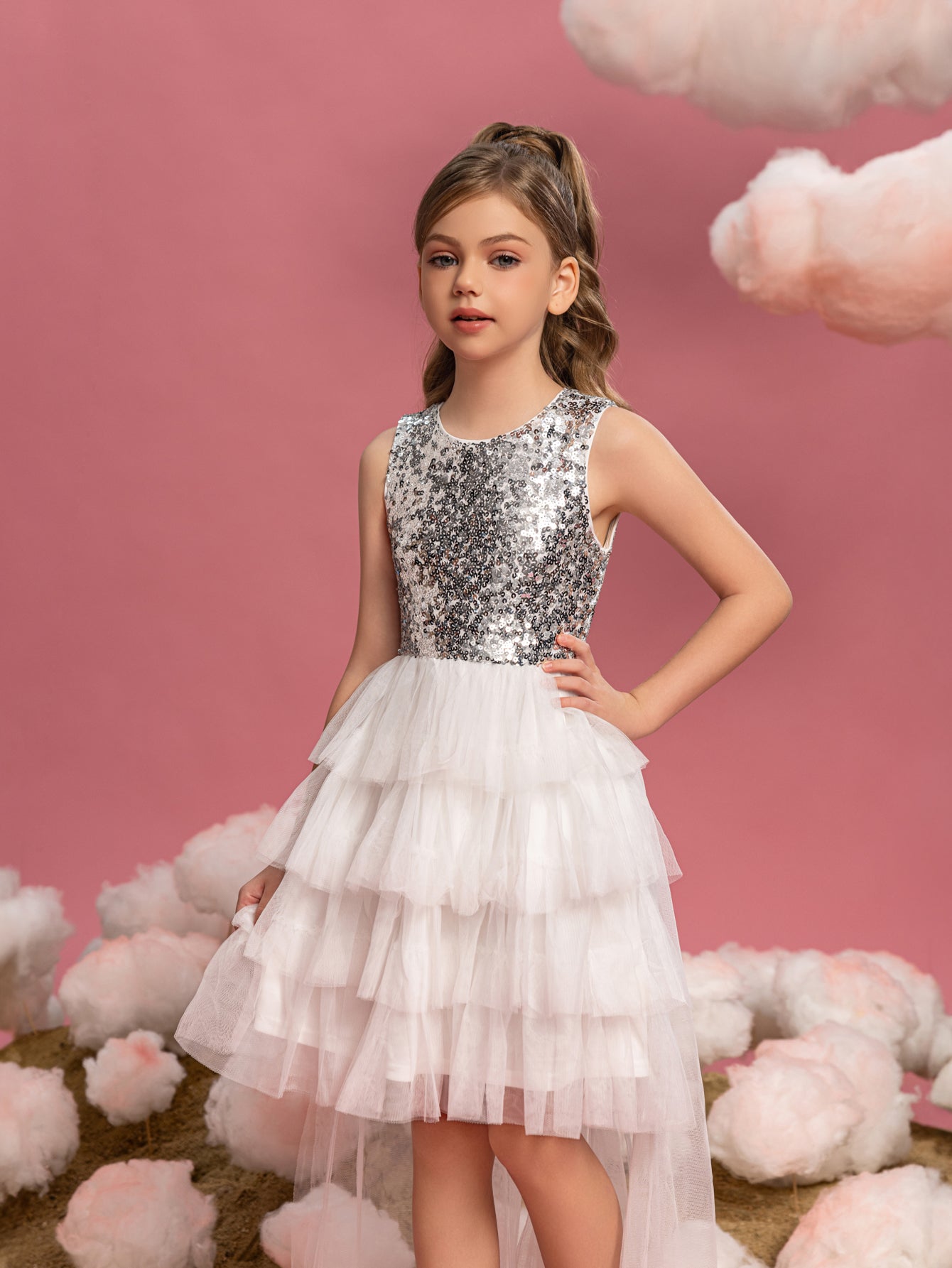 Tween Girls' Mesh Layered Hem Sequin Party Dress