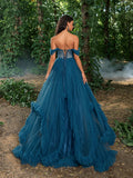 Gorgeous Off Shoulder Sheer Corset Bodice Ruffle Trim Tulle Prom Dress