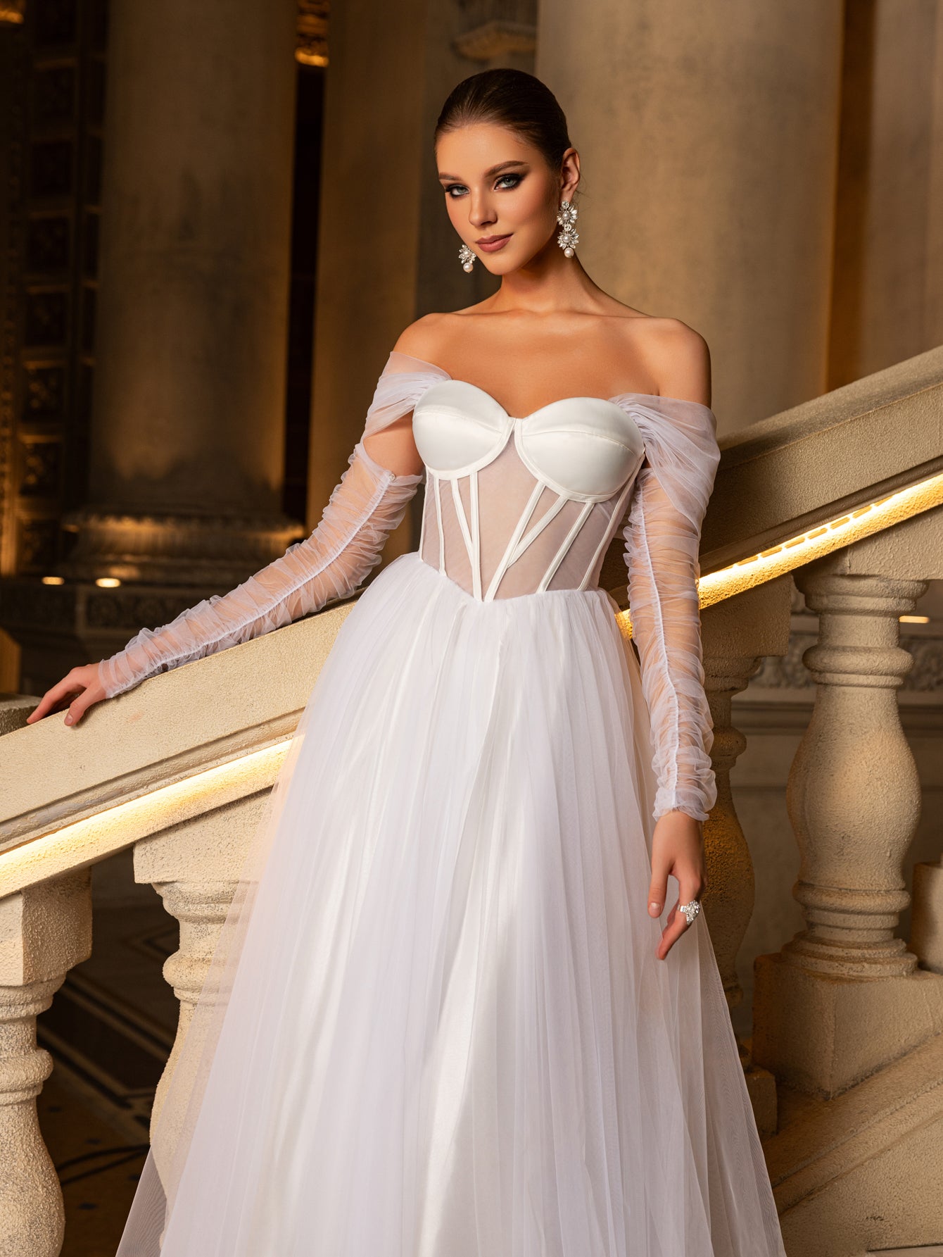 Elegant Off Shoulder Sheer Sleeves Tulle Evening Gown Wedding Dress Elonnashop Elegant Off Shoulder Sheer Sleeves Tulle Evening Gown Wedding Dress Elonnashop