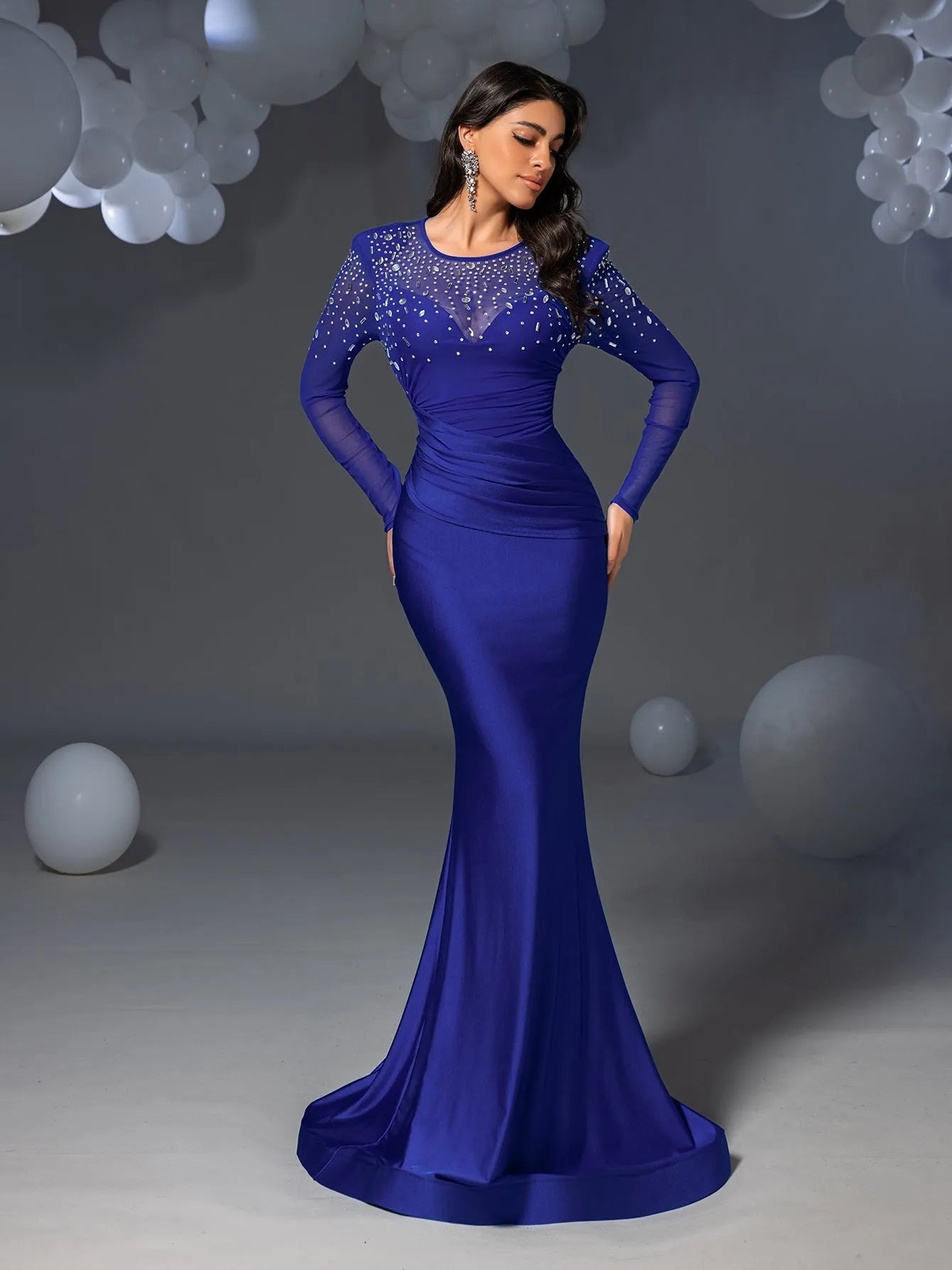 Rhinestone Detail Round Neck Long Sleeves Mermaid Dress