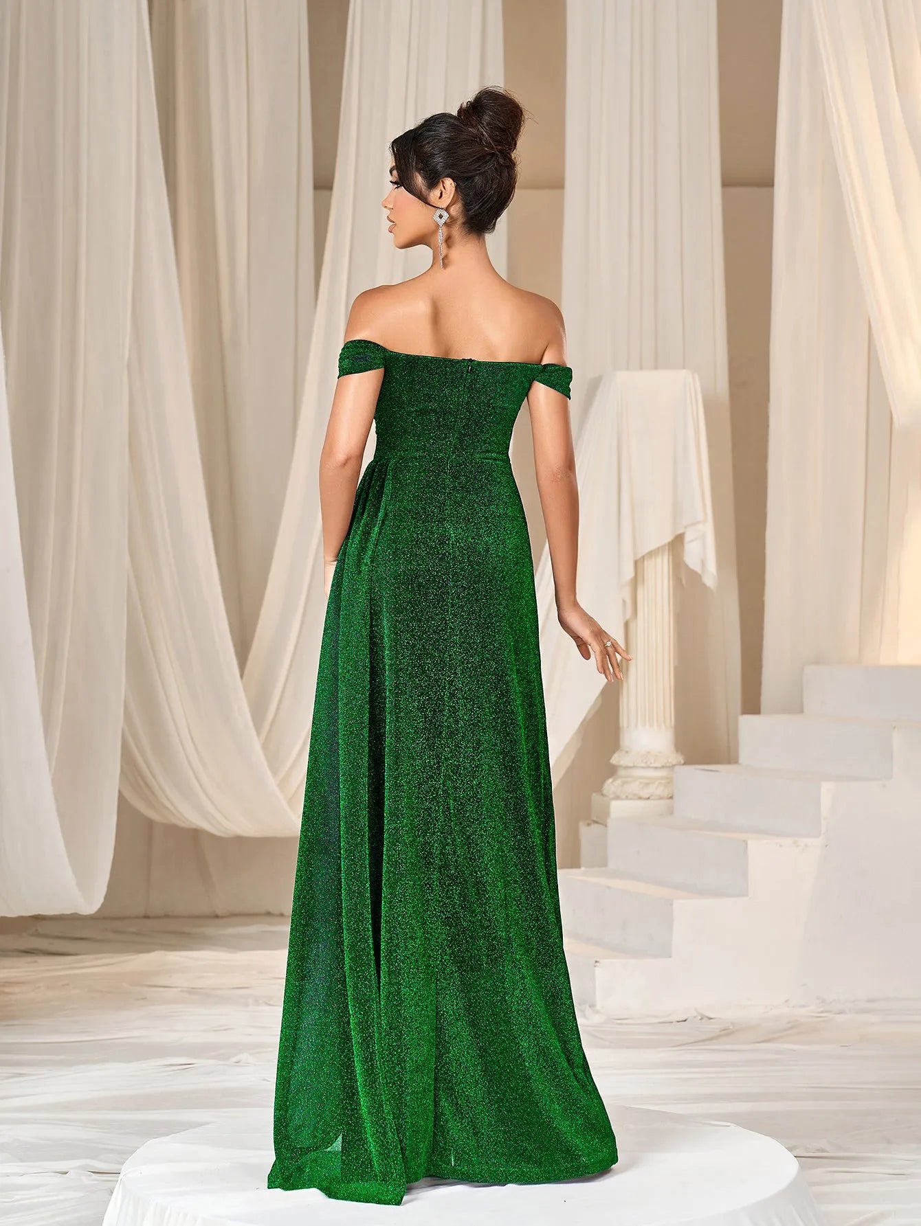 Glitter Off Shoulder Draped Side Split Thigh Formal Evening Dress Dark Green / L Glitter Off Shoulder Draped Side Split Thigh Formal Evening Dress Dark Green / L