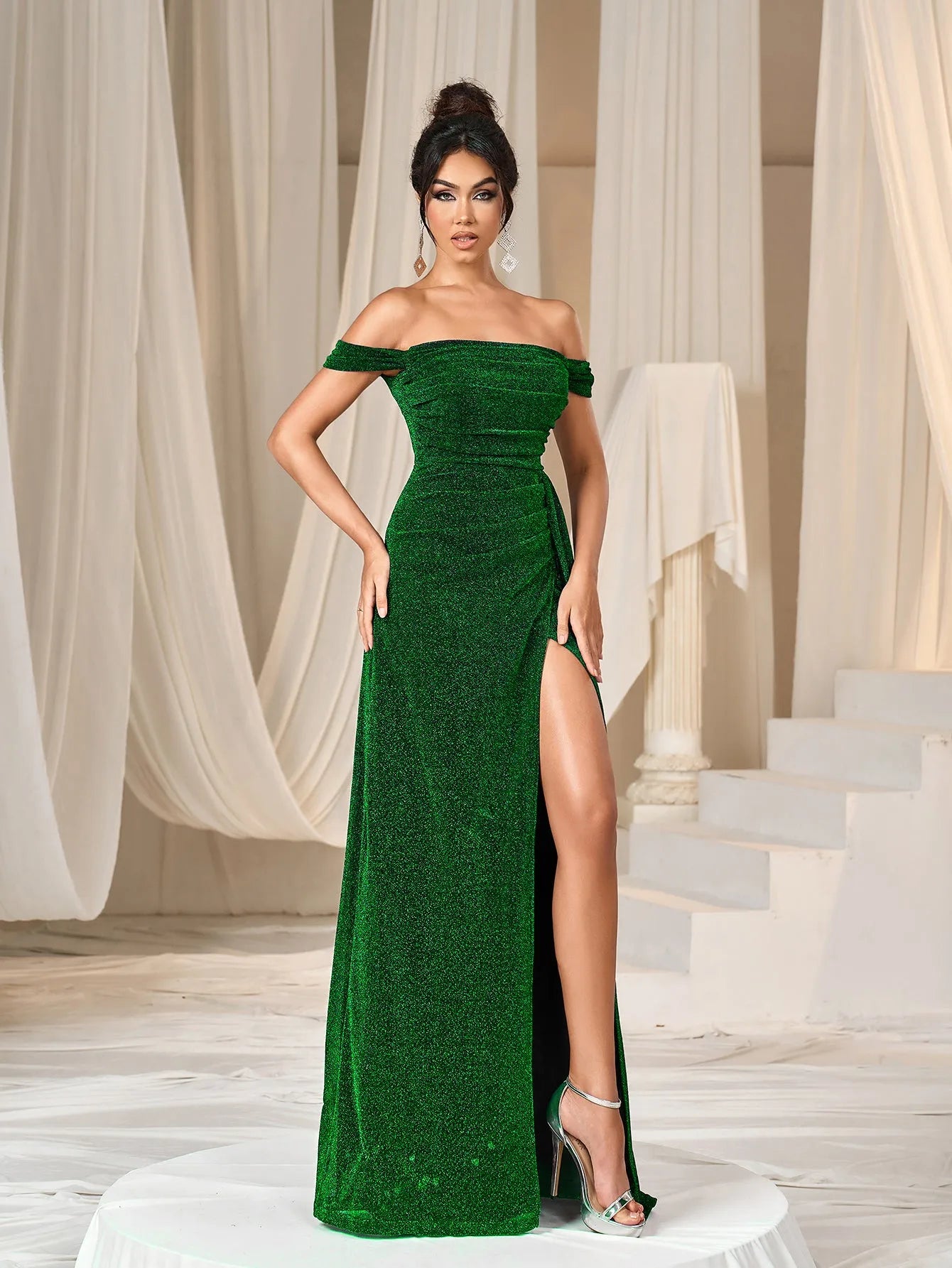 Glitter Off Shoulder Draped Side Split Thigh Formal Evening Dress Dark Green / L Glitter Off Shoulder Draped Side Split Thigh Formal Evening Dress Dark Green / L
