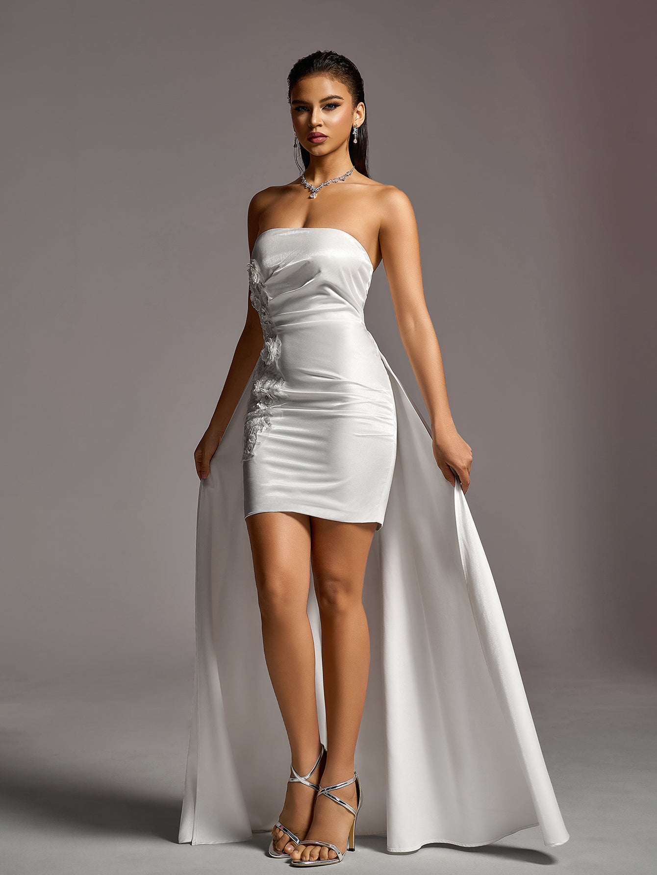 Stylish Strapless Applique Detail High Low Hem Satin Wedding Dress