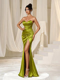 Elegant Strapless Split Thigh Satin Mermaid Maix Party Dress