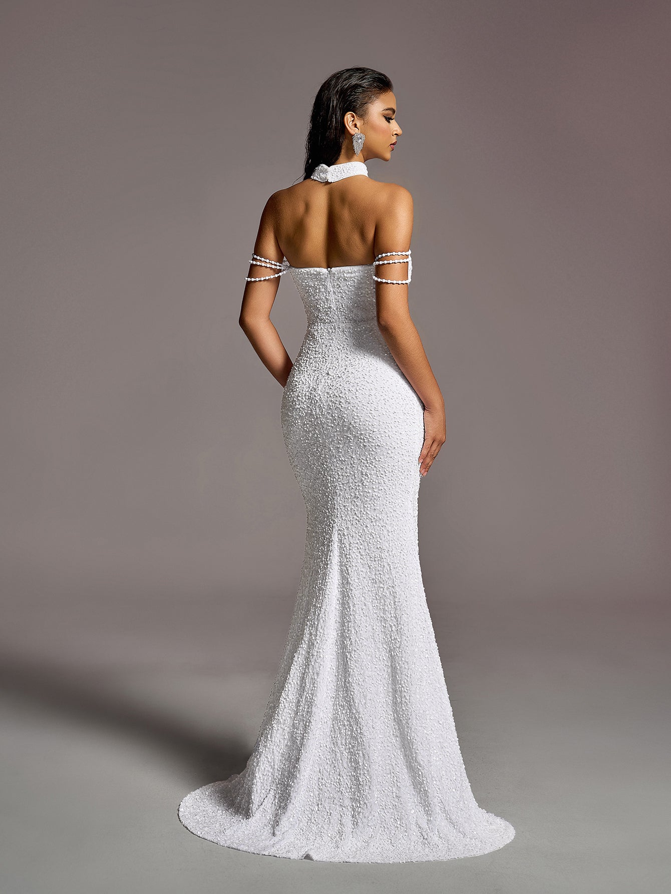 Elegant Beaded Chain Detail Split Thigh Mermaid Hem Sequin Wedding Dress (Choker included)