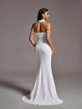 Elegant Beaded Chain Detail Split Thigh Mermaid Hem Sequin Wedding Dress (Choker included)