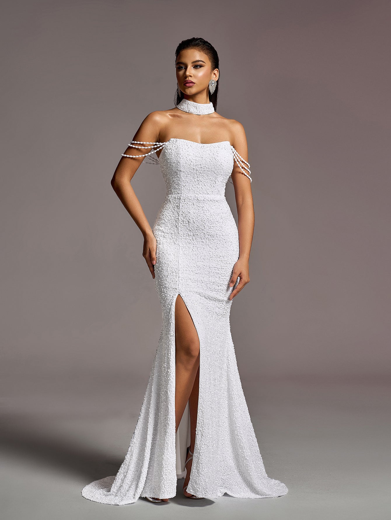 Elegant Beaded Chain Detail Split Thigh Mermaid Hem Sequin Wedding Dress (Choker included)