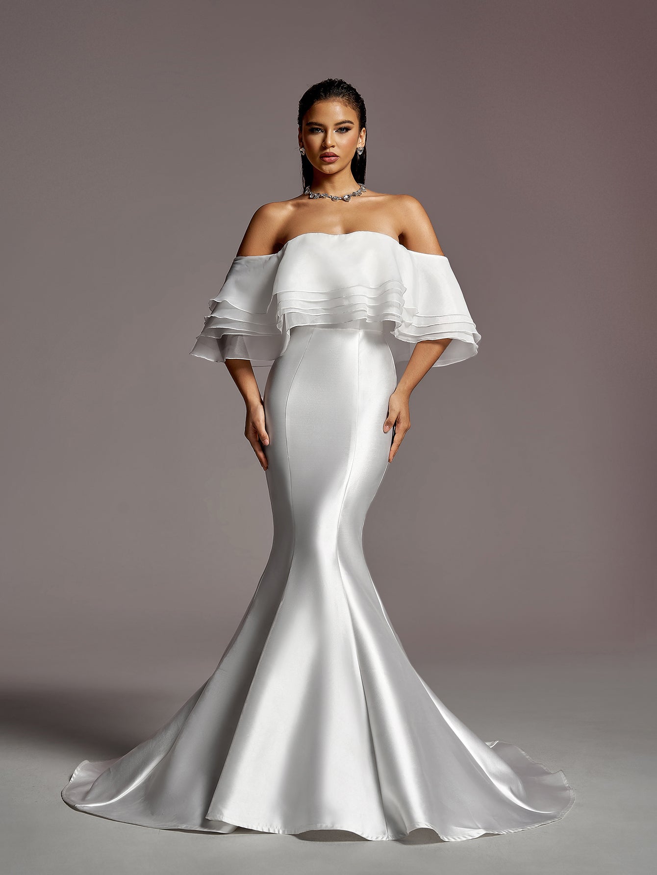 Gorgeous Layered Ruffle Off Shoulder Mermaid Hem Maxi Satin Wedding Dress