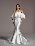 Gorgeous Layered Ruffle Off Shoulder Mermaid Hem Maxi Satin Wedding Dress