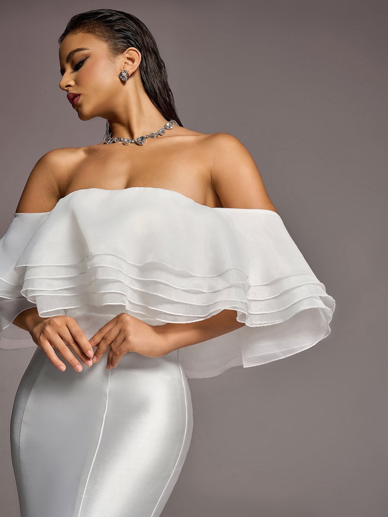 Gorgeous Layered Ruffle Off Shoulder Mermaid Hem Maxi Satin Wedding Dress