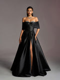 Gorgeous Off Shoulder Rhinestone Embellished Bust Satin Prom Dress Wedding Dress