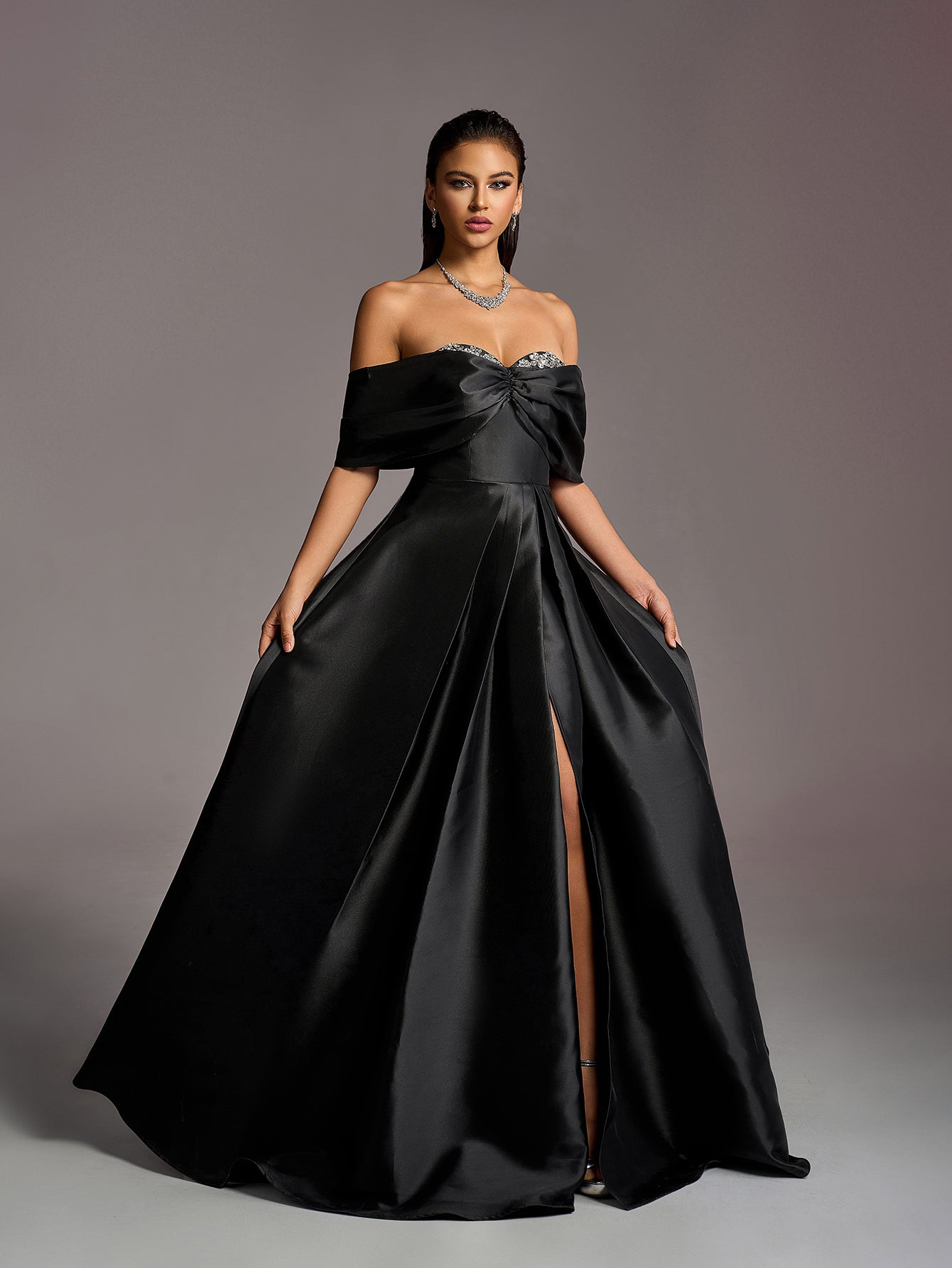 Gorgeous Off Shoulder Rhinestone Embellished Bust Satin Prom Dress Wedding Dress