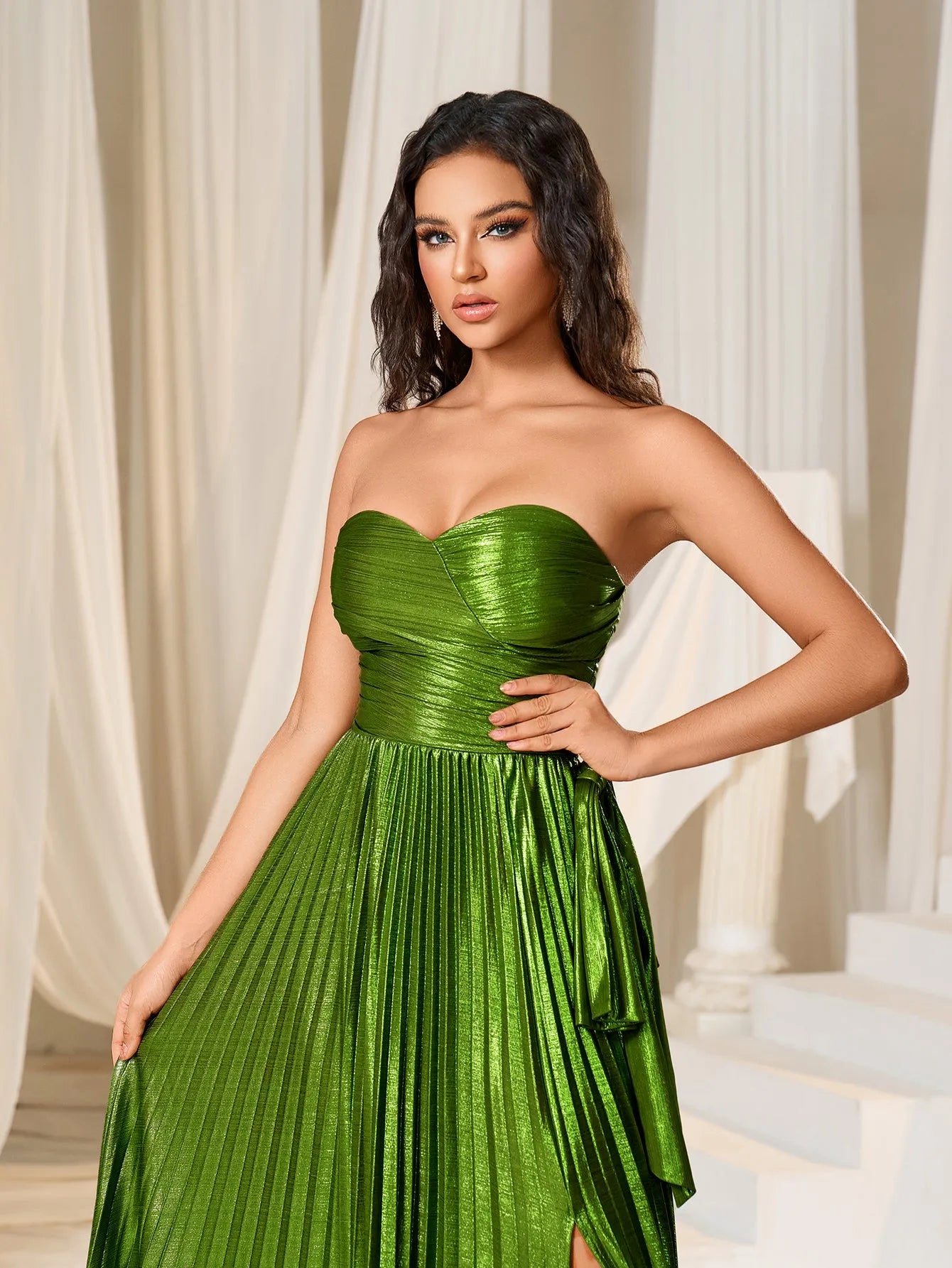 Metallic Ruched Bodice Pleated Hem Formal Party Tube Dress Elonnashop Metallic Ruched Bodice Pleated Hem Formal Party Tube Dress Elonnashop