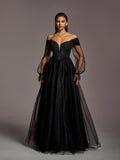 Elegant Applique Detail Off Shoulder Sheer Sleeves Tulle Evening Gown Wedding Dress