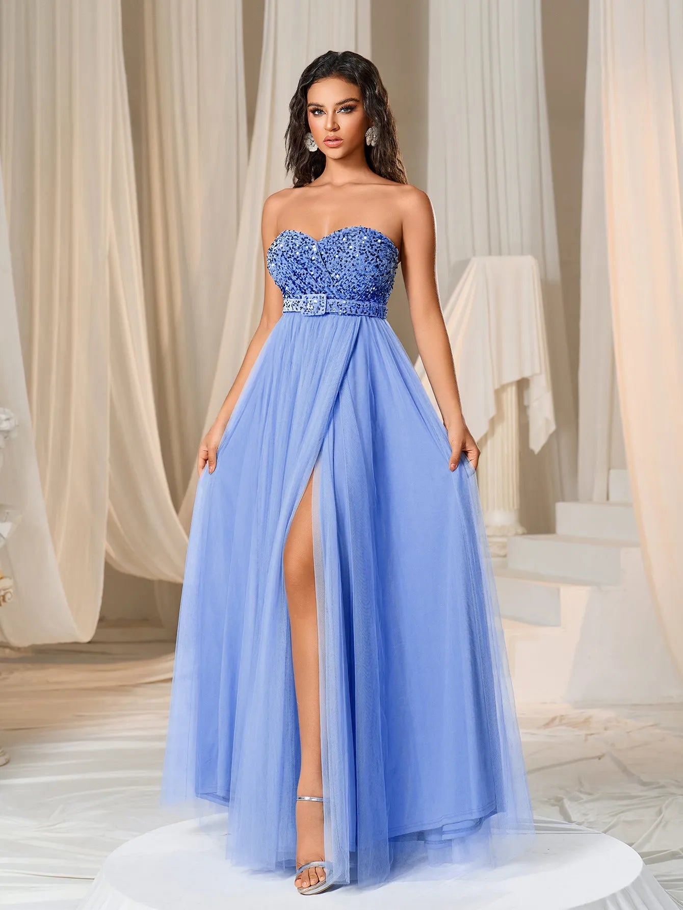 Elegant Strapless Split Thigh A-line Formal Evening Dress